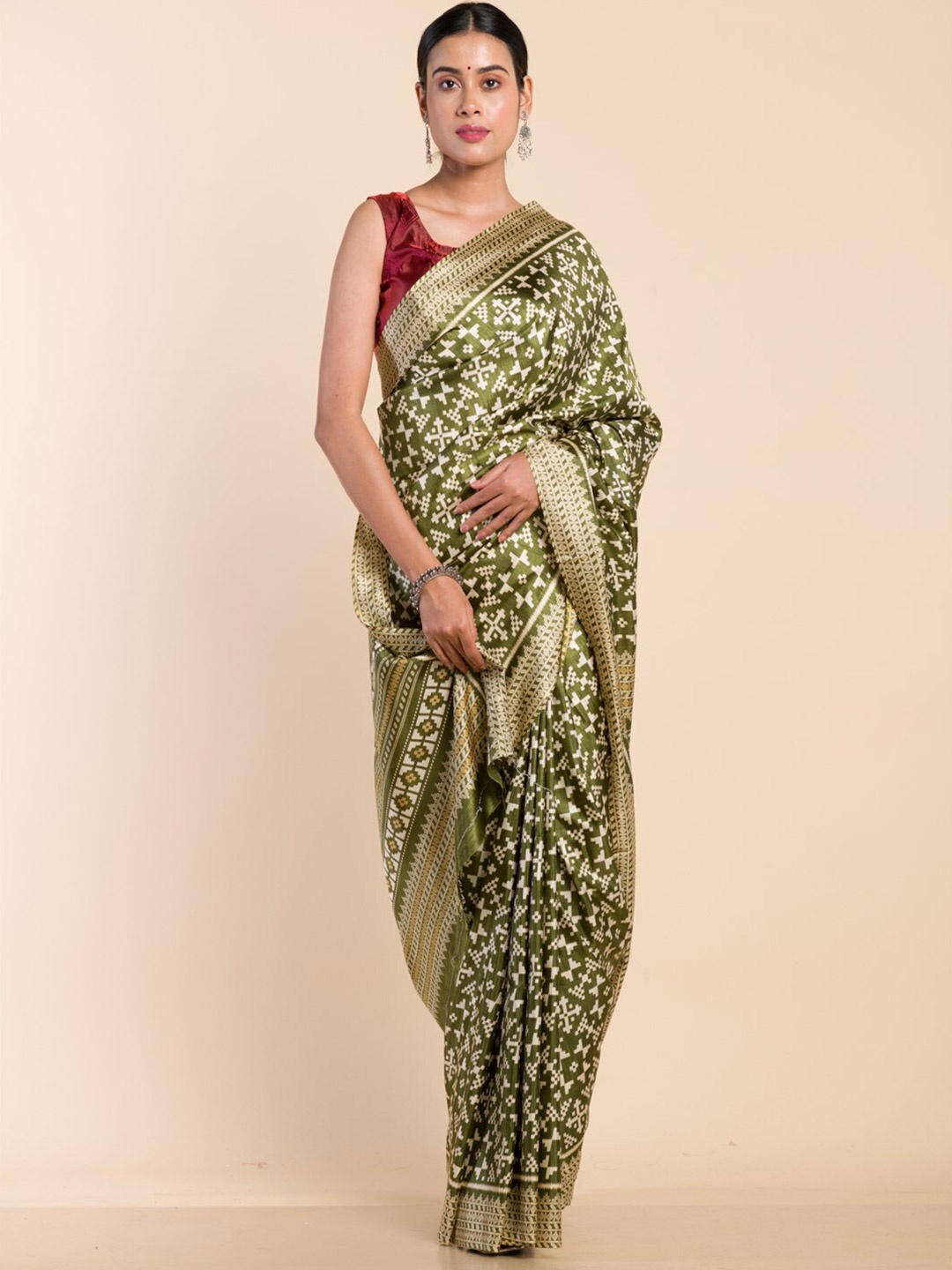 

HERE&NOW Ethnic Motifs Patola Saree, Olive