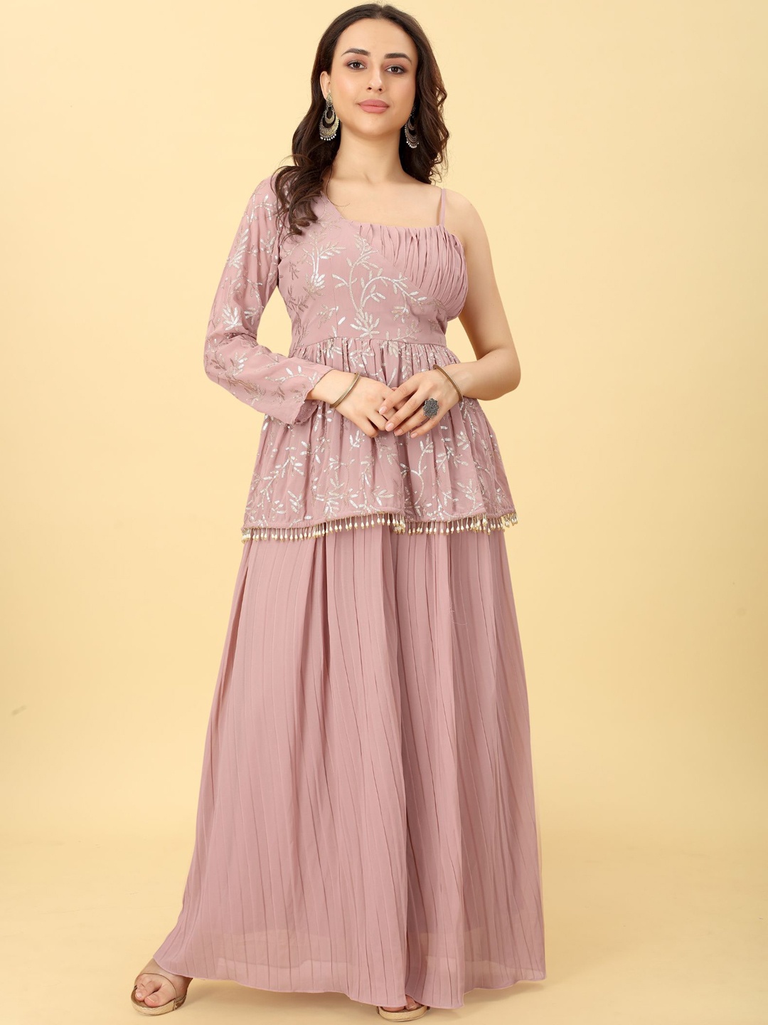 

KALINI Floral Embroidered Gathered or Pleated Georgette Fit & Flare Maxi Ethnic Dress, Mauve