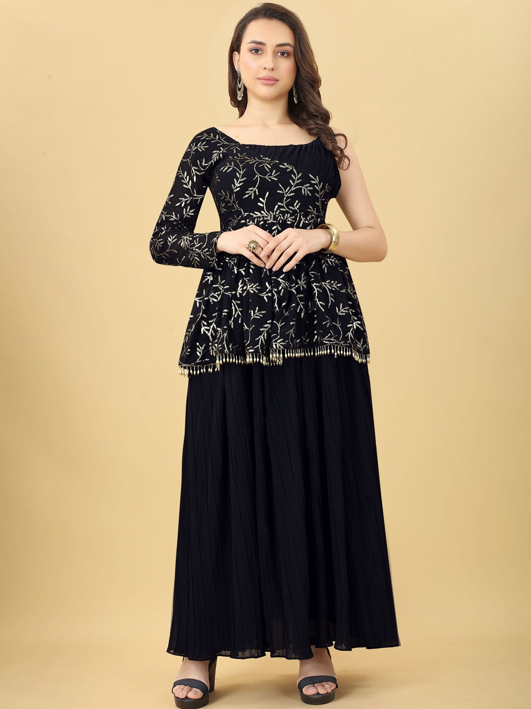 

KALINI Floral Embroidered Gathered or Pleated Georgette Fit & Flare Maxi Ethnic Dress, Black