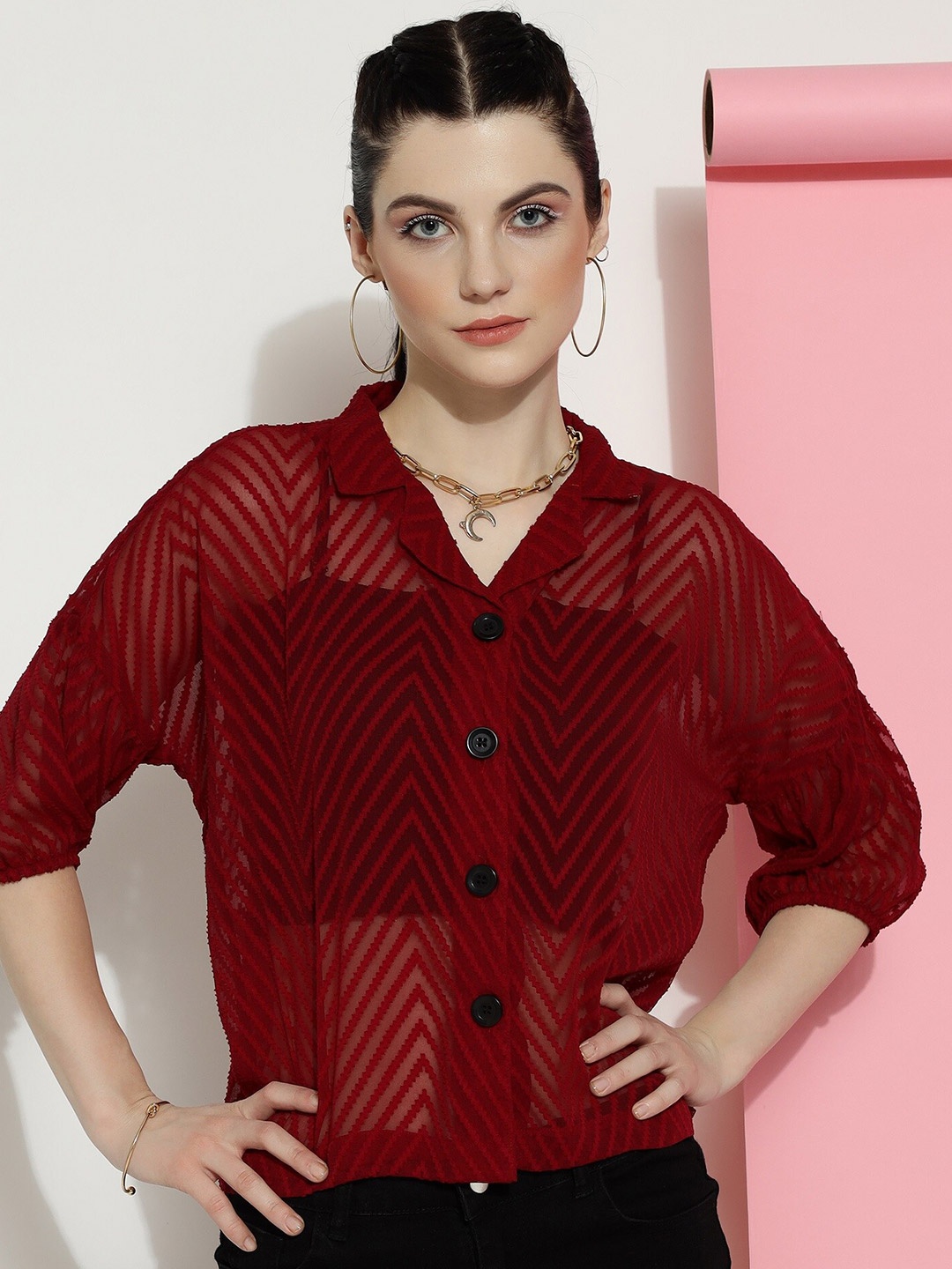 

CLEMIRA Self Design Drop-Shoulder Sleeves Georgette Shirt Style Sheer Top, Maroon