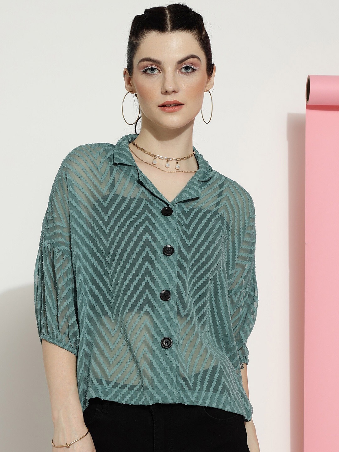 

CLEMIRA Self Design Drop-Shoulder Sleeves Georgette Shirt Style Sheer Top, Olive