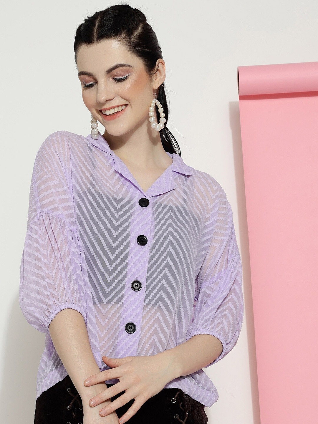 

CLEMIRA Self Design Drop-Shoulder Sleeves Georgette Shirt Style Sheer Top, Purple