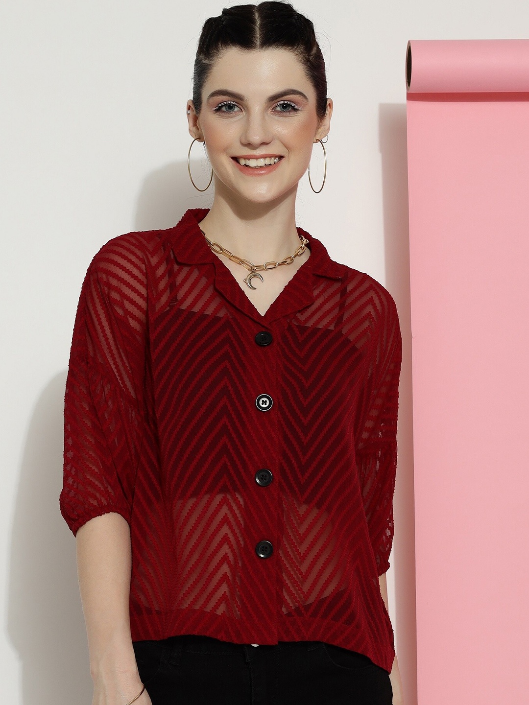 

CLEMIRA Self Design Shirt Style Top, Maroon