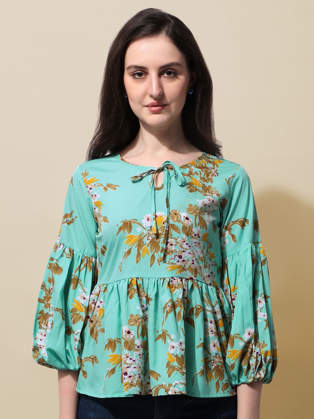 

BAESD Floral Printed Puff Sleeves A Line Top, Sea green