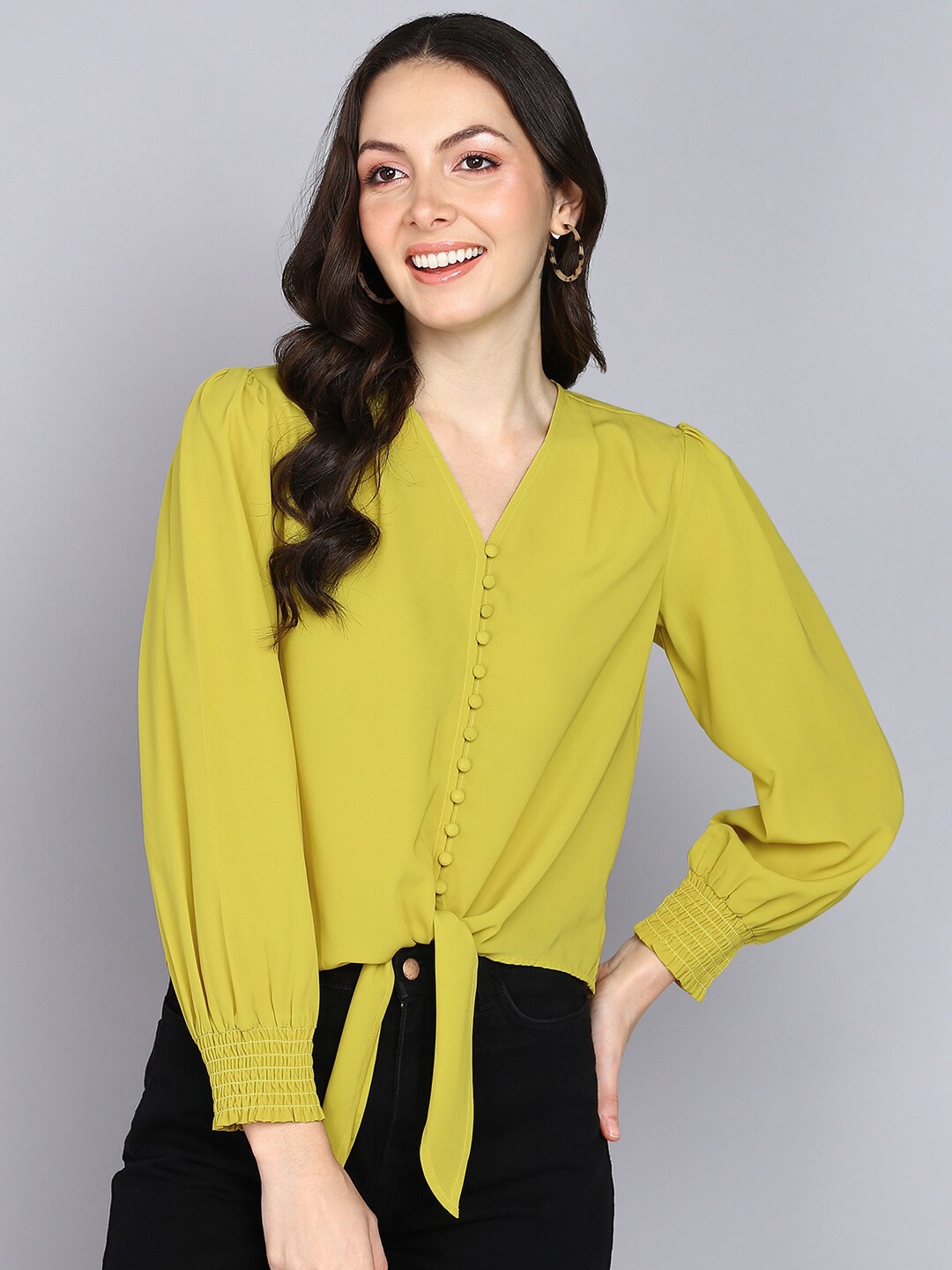 

Mast & Harbour Yellow V Neck Puff Sleeve Tie-ups Top