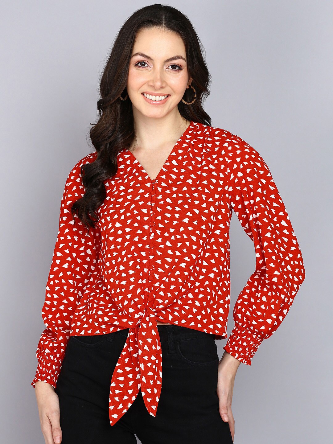 

Mast & Harbour Red Conversational Printed Shirt Style Crop Top