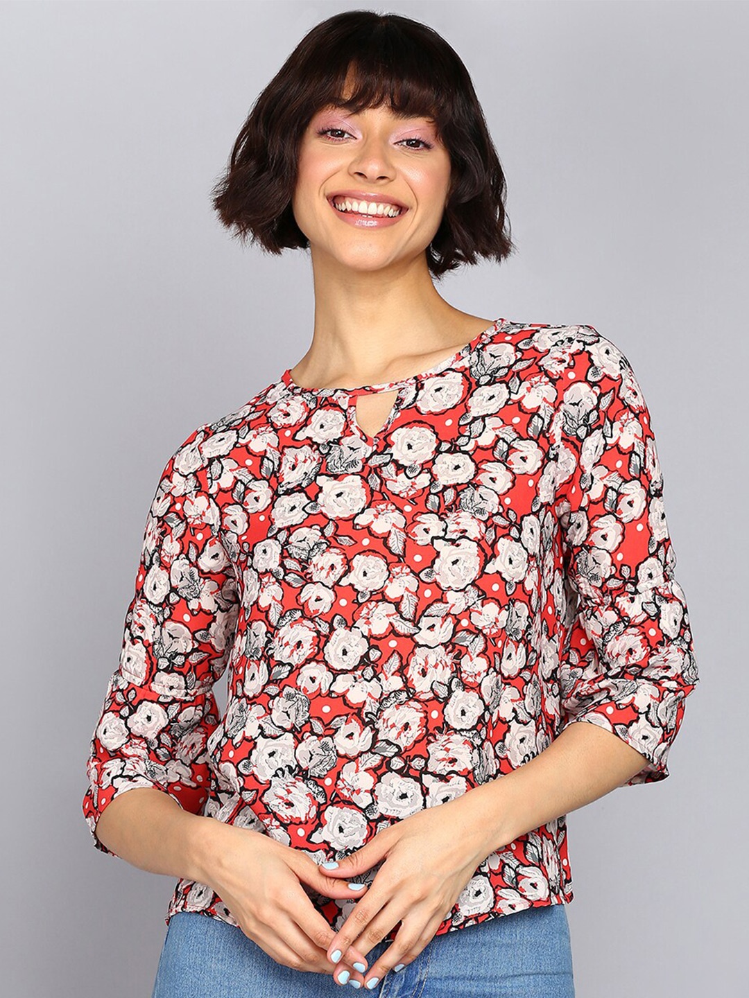 

Mast & Harbour Coral Floral Printed Keyhole Neck Regular Top