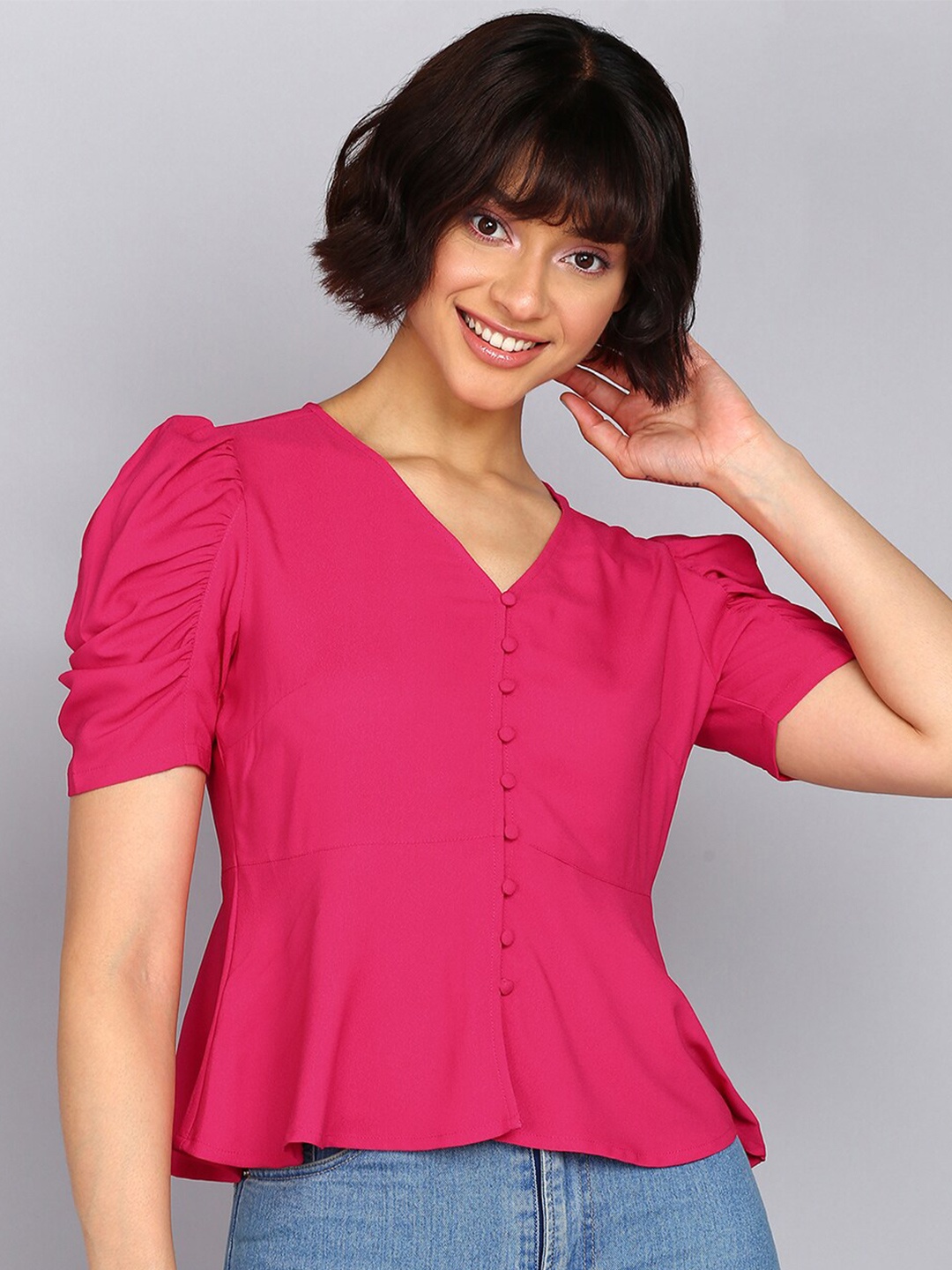 

Mast & Harbour Pink V-Neck Puff Sleeve Peplum Top