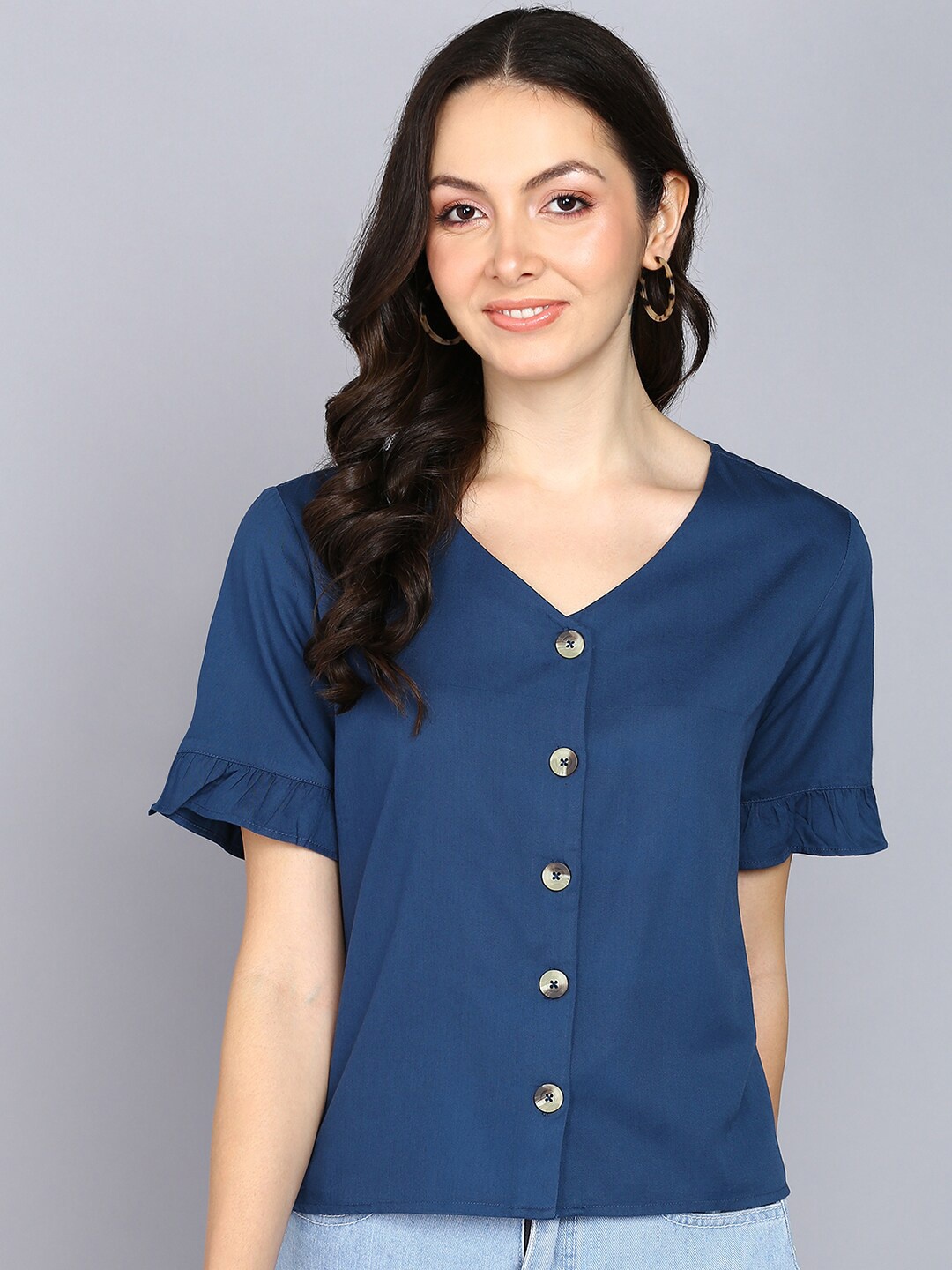 

Mast & Harbour Navy Blue V Neck Flared Sleeve Top, Teal