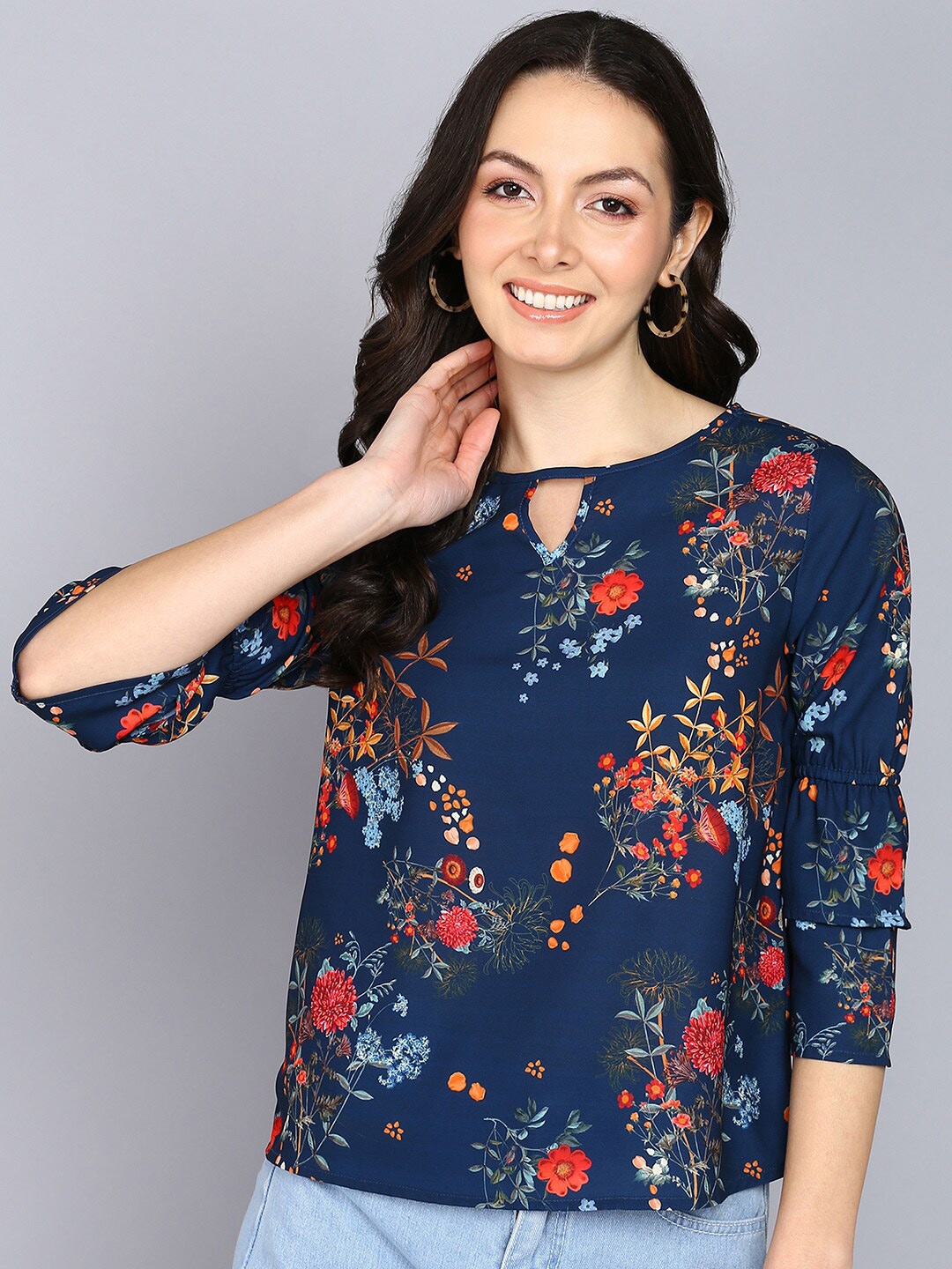

Mast & Harbour Navy Blue Keyhole Neck Floral Printed Bell Sleeve Top