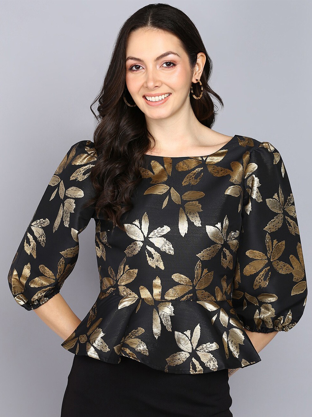 

Mast & Harbour Black Round Neck Floral Printed Peplum Top