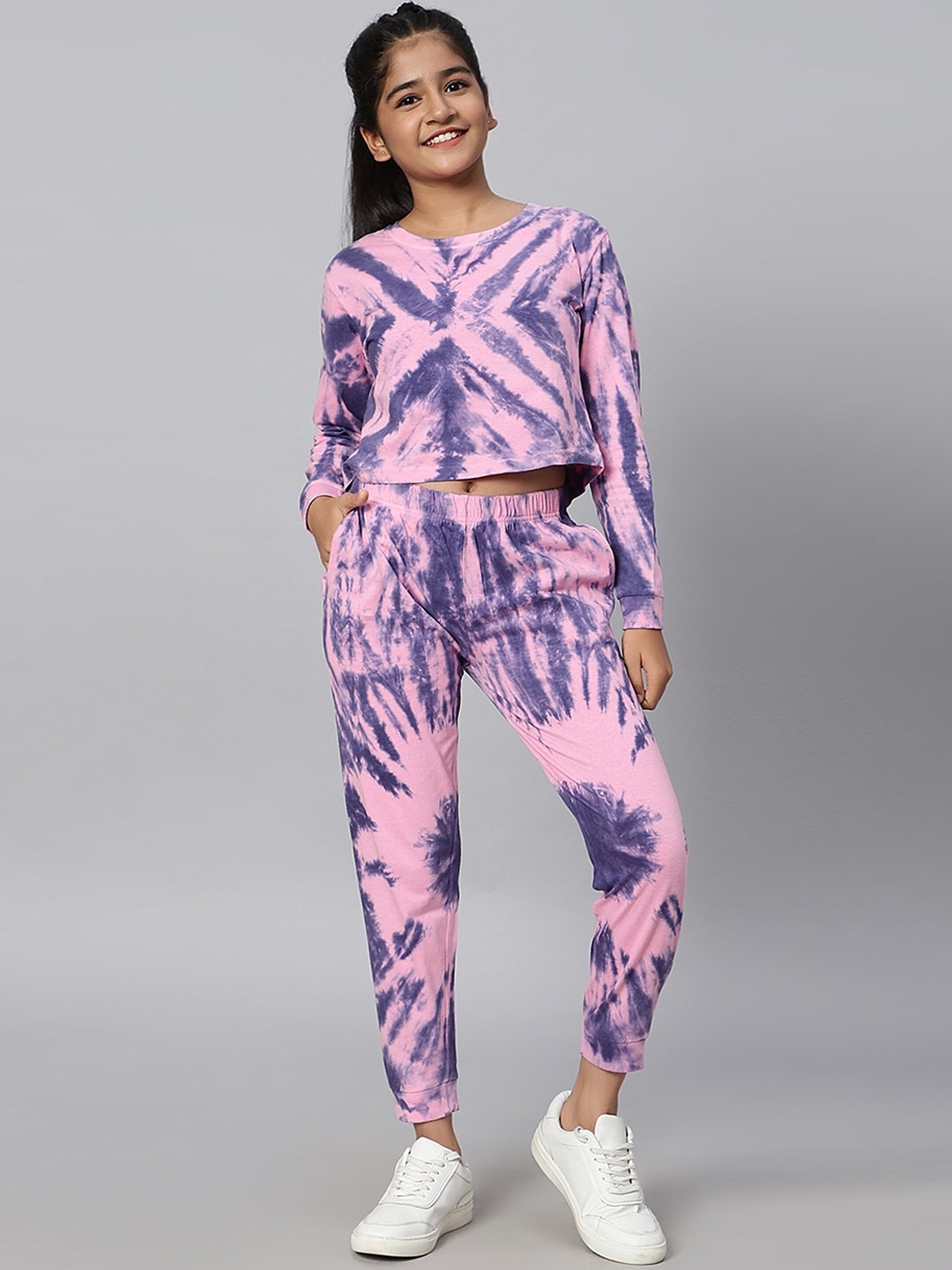 

TeenTrums Girls Tie & Dye Printed Pure Cotton T-shirt And Joggers, Purple