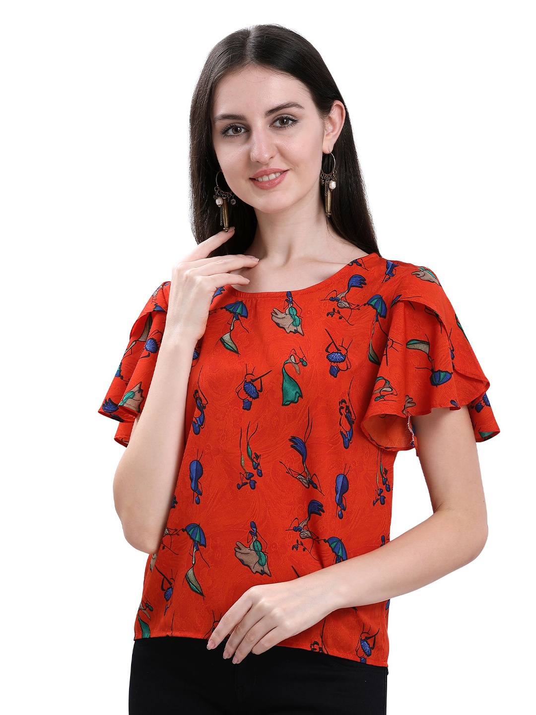 

BAESD Floral Print Flutter Sleeve Ethnic Crepe Top, Orange