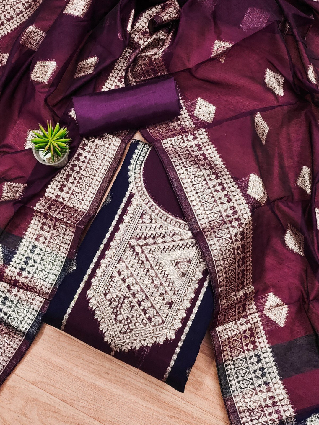 

KALINI Geometric Woven Design Unstitched Dress Material, Purple