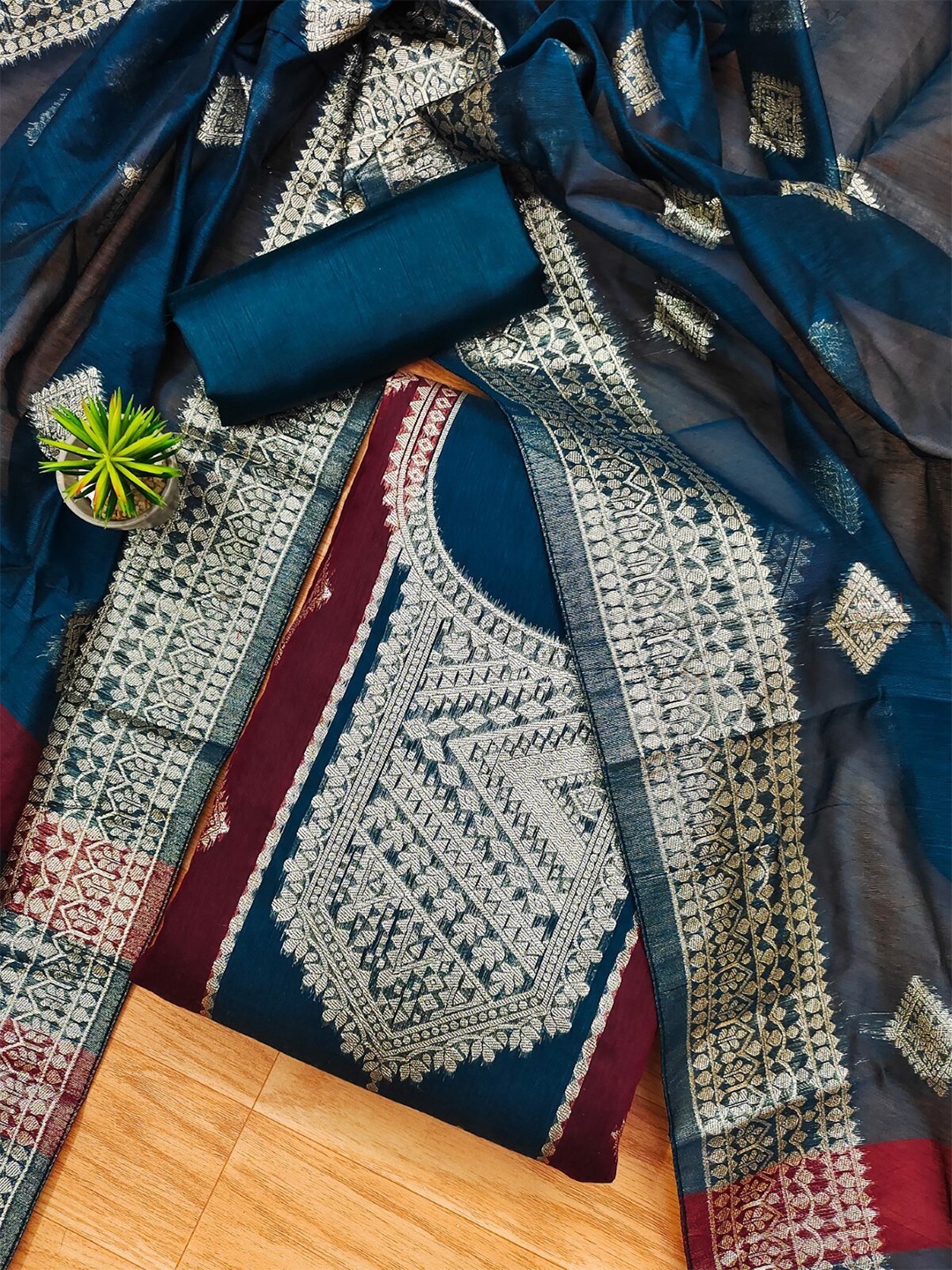 

KALINI Ethnic Motifs Woven Design Unstitched Dress Material, Teal