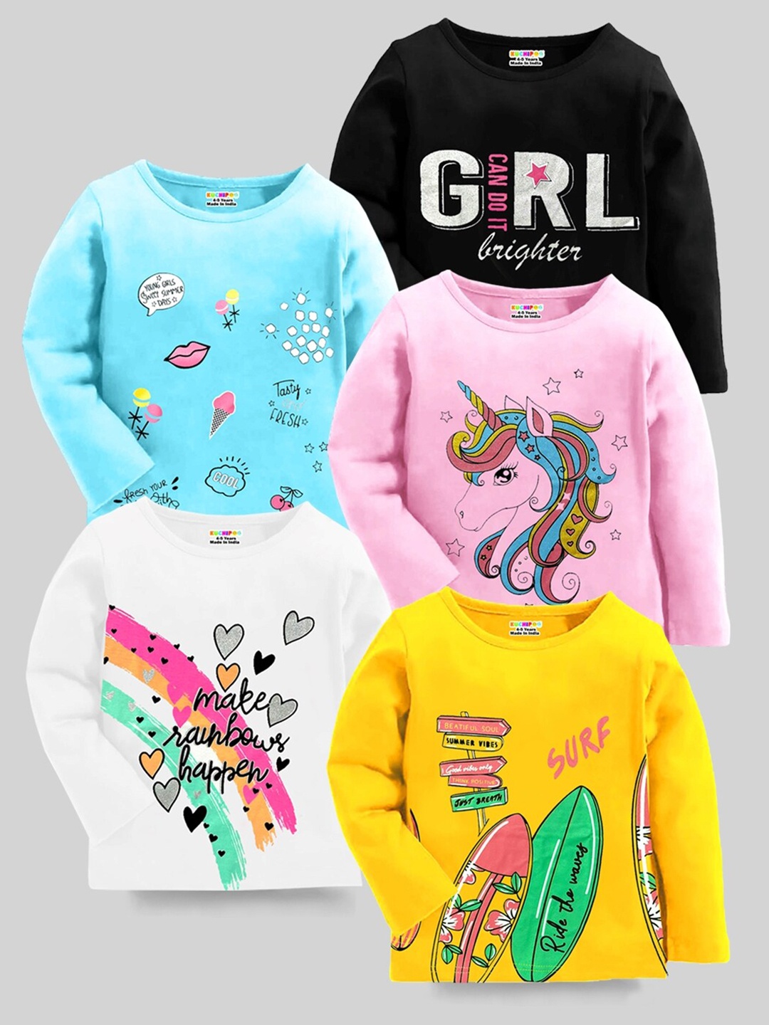 

KUCHIPOO Girls Pack Of 5 Printed Cotton Regular T-shirt, Pink