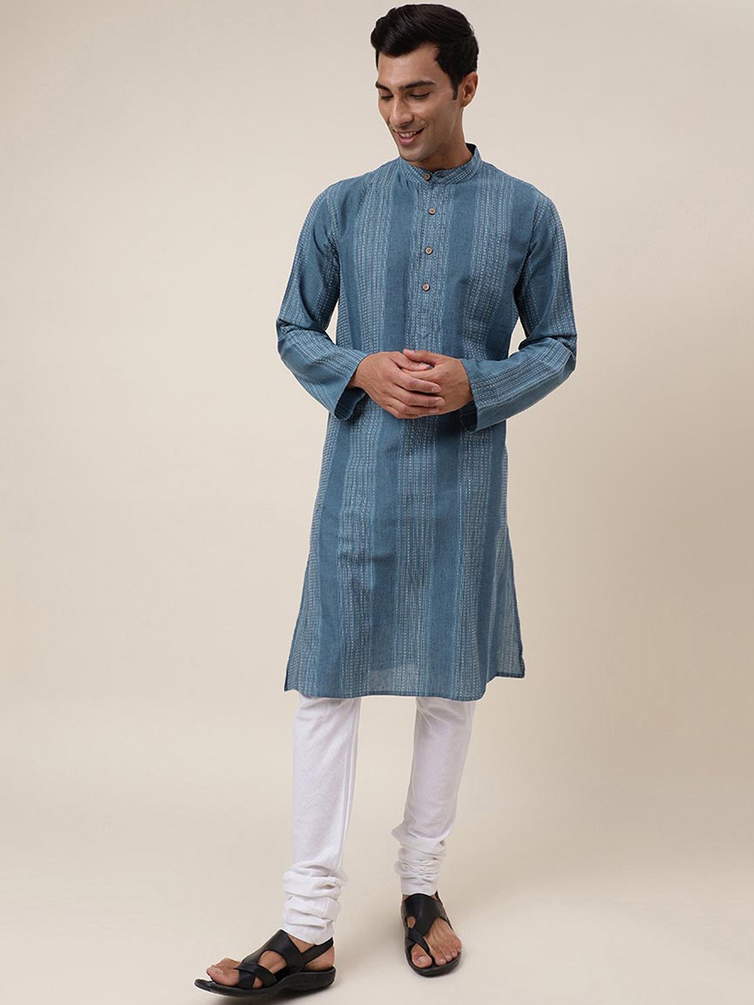 

Fabindia Striped Mandarin Collar Thread Work Straight Cotton Kurta, Blue