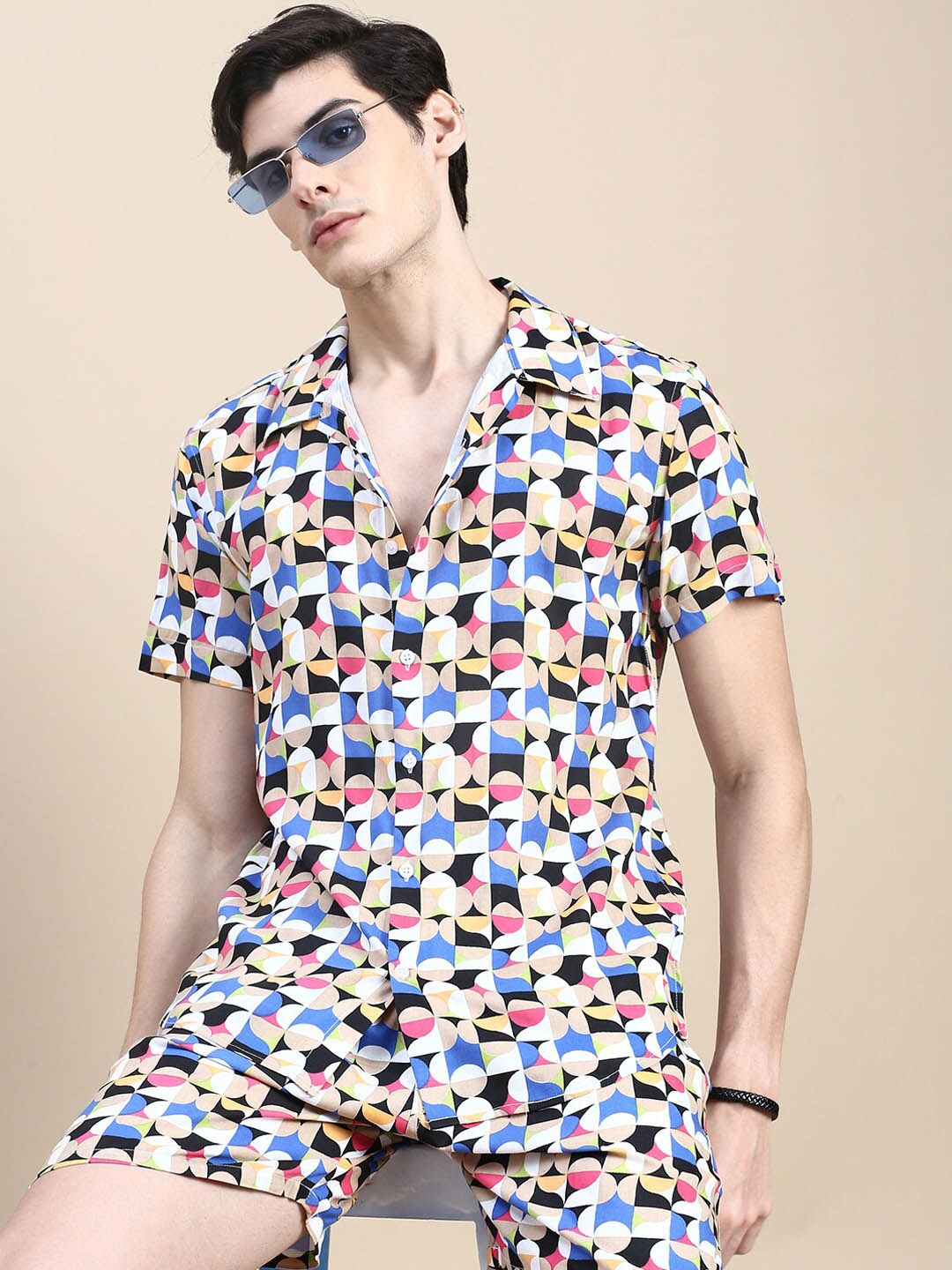 

SHOWOFF Geometric Printed Cuban Collar Shirt with Shorts, White