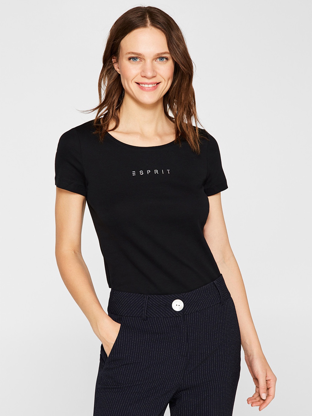 

ESPRIT Women Black Solid Round Neck T-shirt