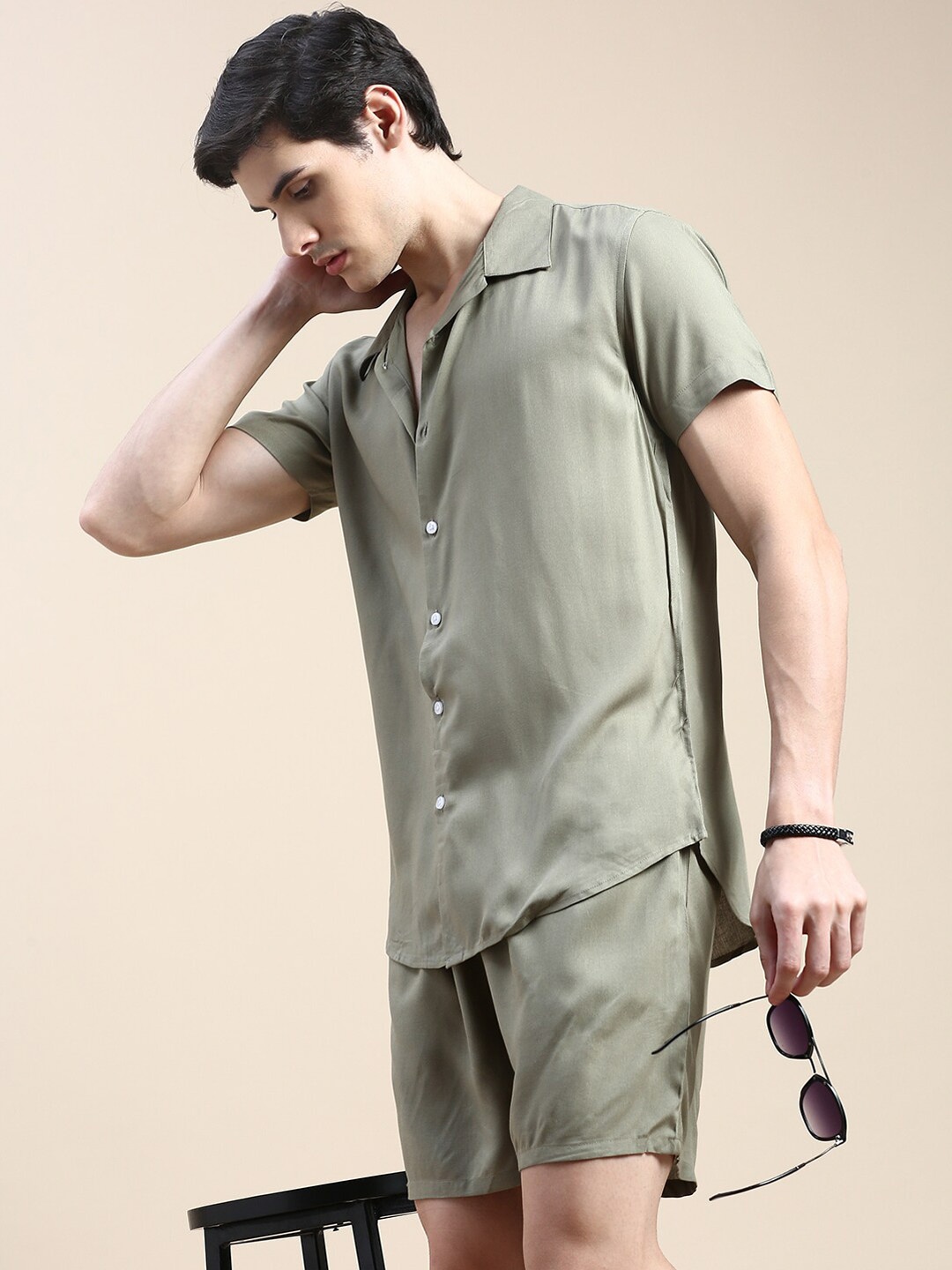 

SHOWOFF Slim Fit Shirt And Shorts Co-Ords Set, Olive