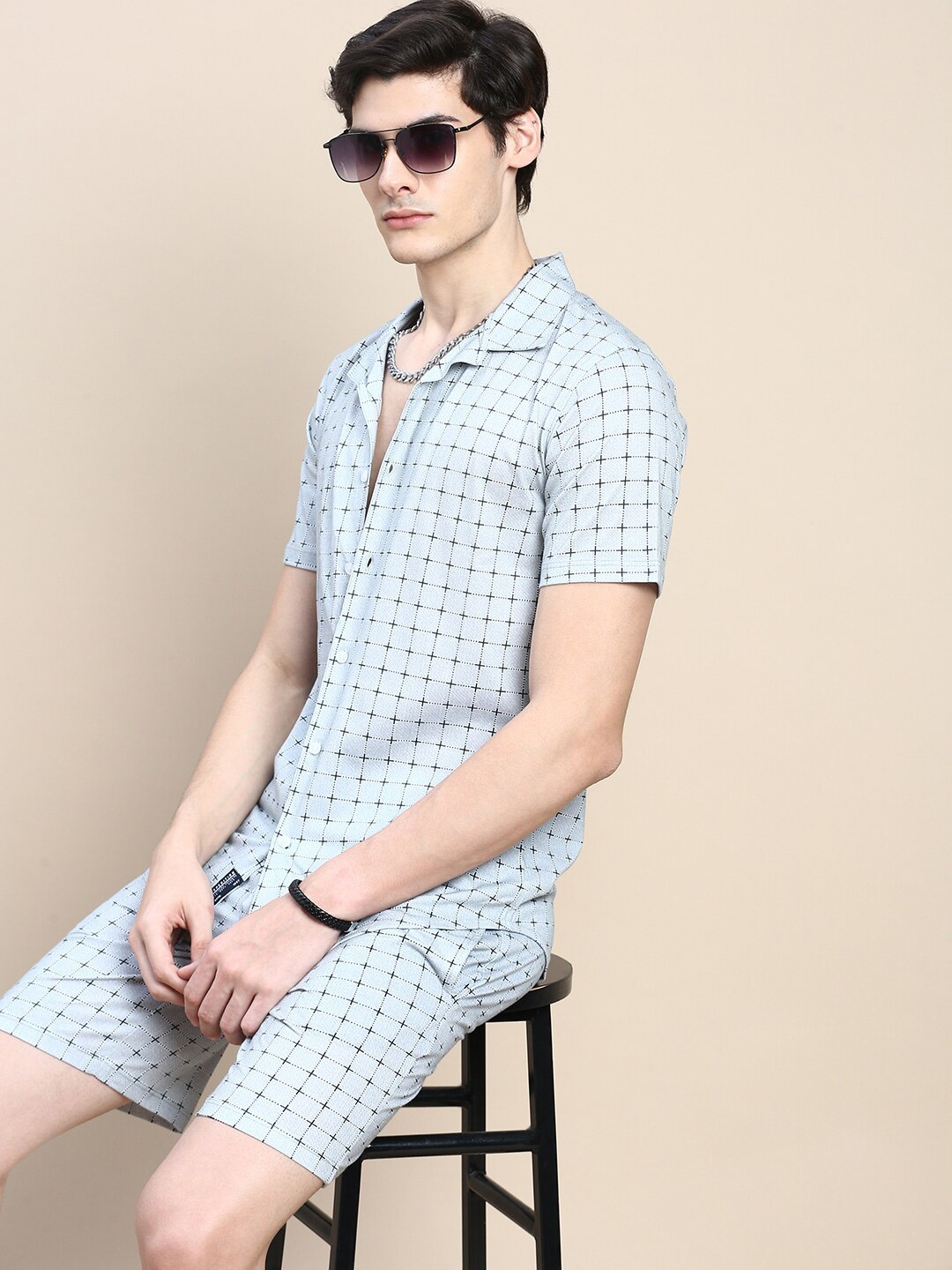 

SHOWOFF Checked Shirt Collar Slim Fit Shirt & Shorts, Green