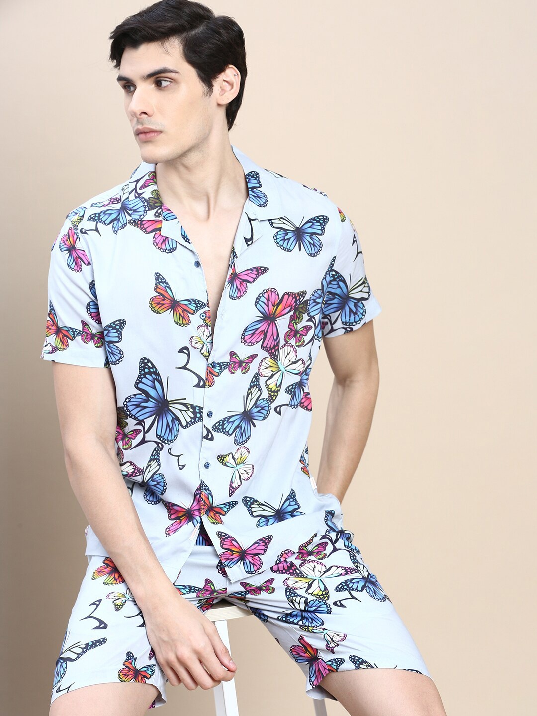 

SHOWOFF Butterfly Printed Shirt Collar Slim Fit Shirt & Shorts, Blue