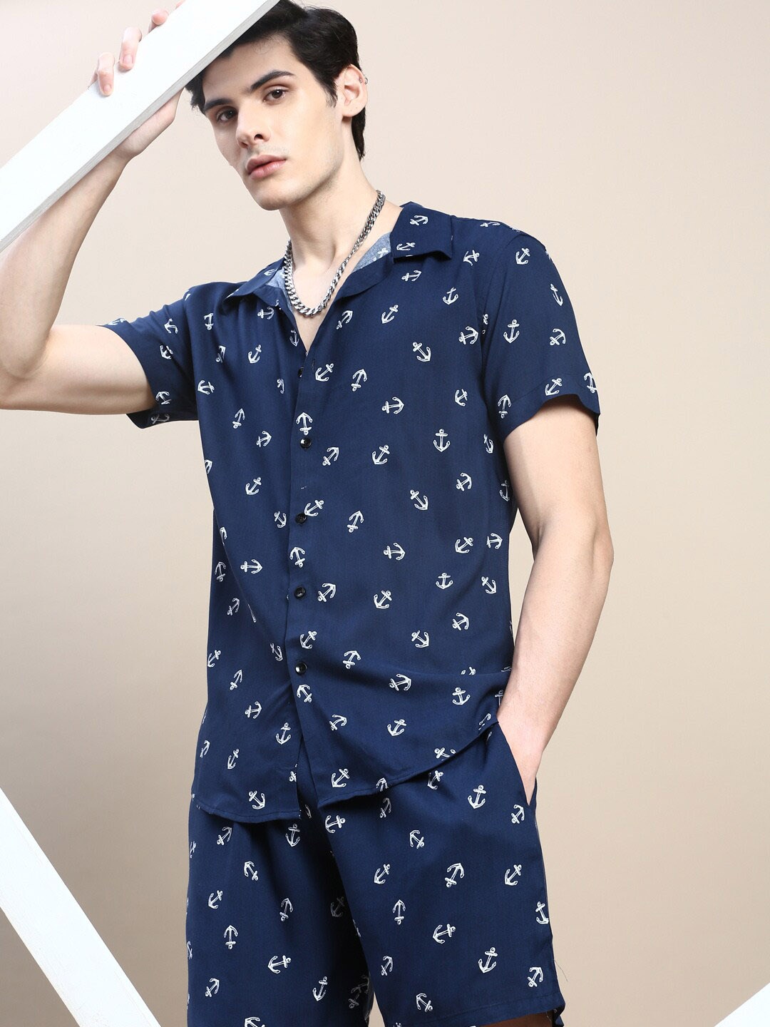 

SHOWOFF Nautical Printed Shirt With Shorts, Navy blue