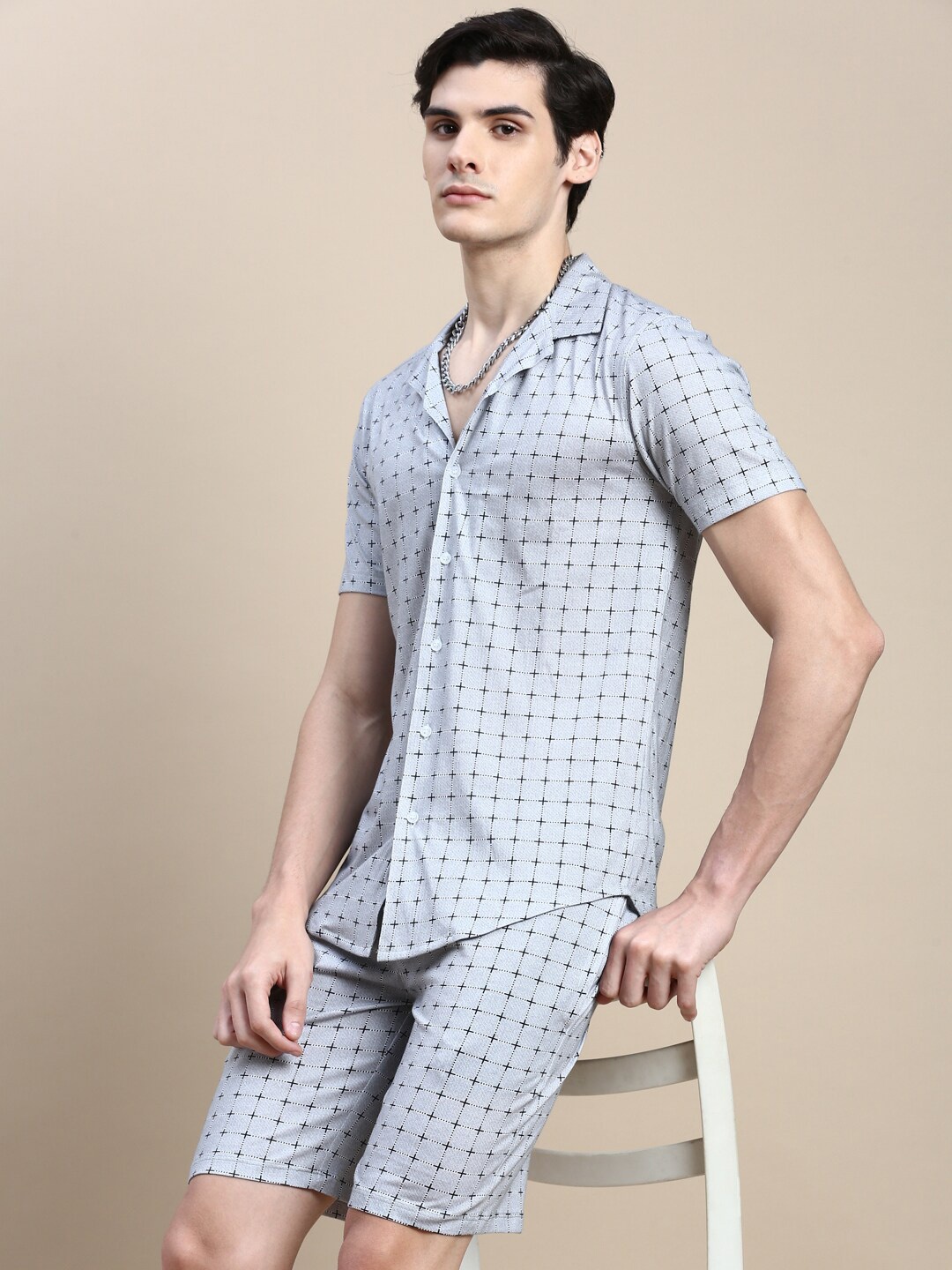 

SHOWOFF Printed Shirt Collar Slim Fit Co-Ords, Grey