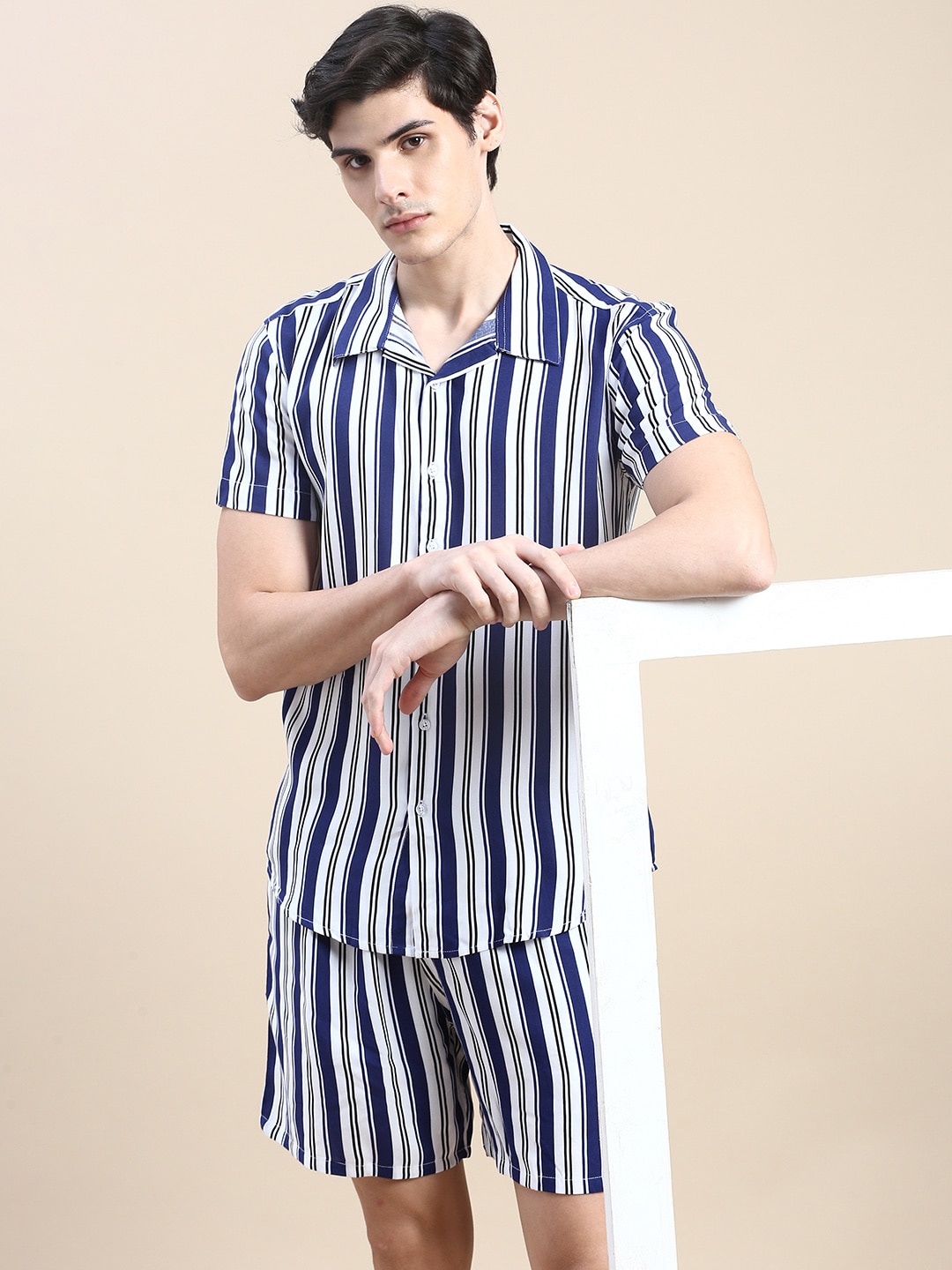

SHOWOFF Striped Slim Fit Shirt With Shorts, Blue