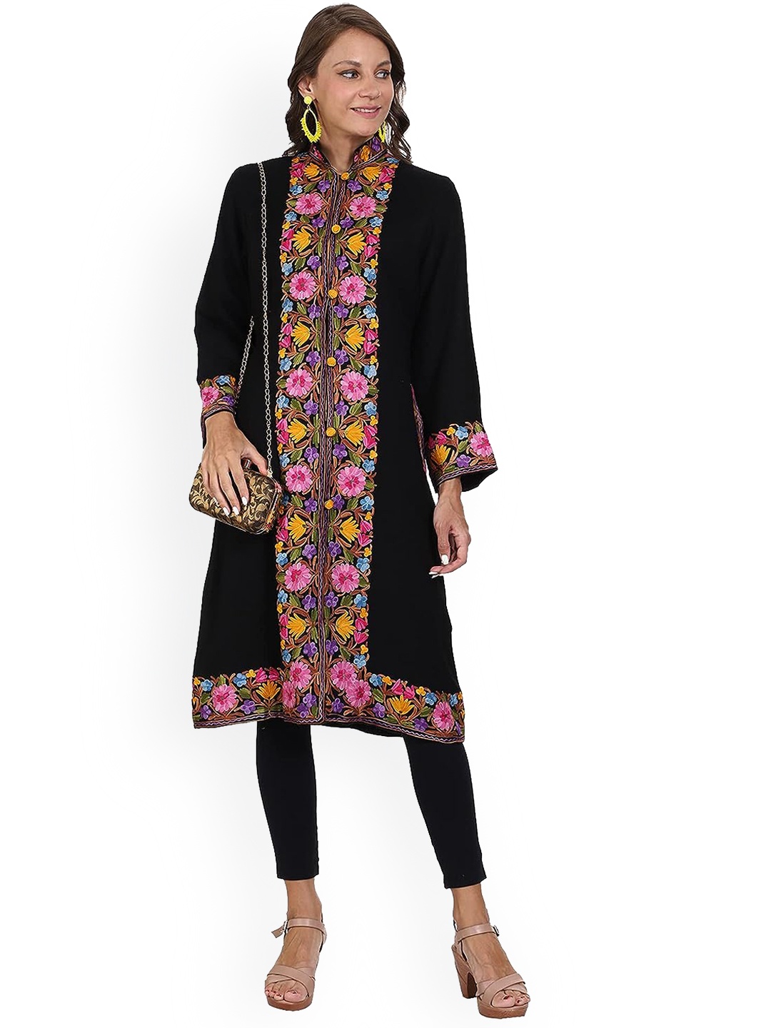 

CRAFTBAZAR Floral Embroidered Mandarin Collar Woollen A-Line Kurta, Black