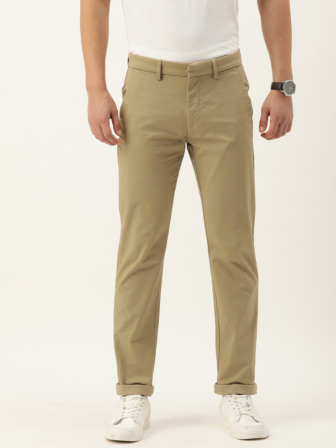 

Peter England Men Solid Slim Fit Chinos Trousers, Khaki