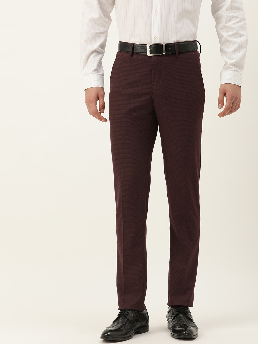 

Peter England Men Textured Slim Fit Formal Trousers, Maroon