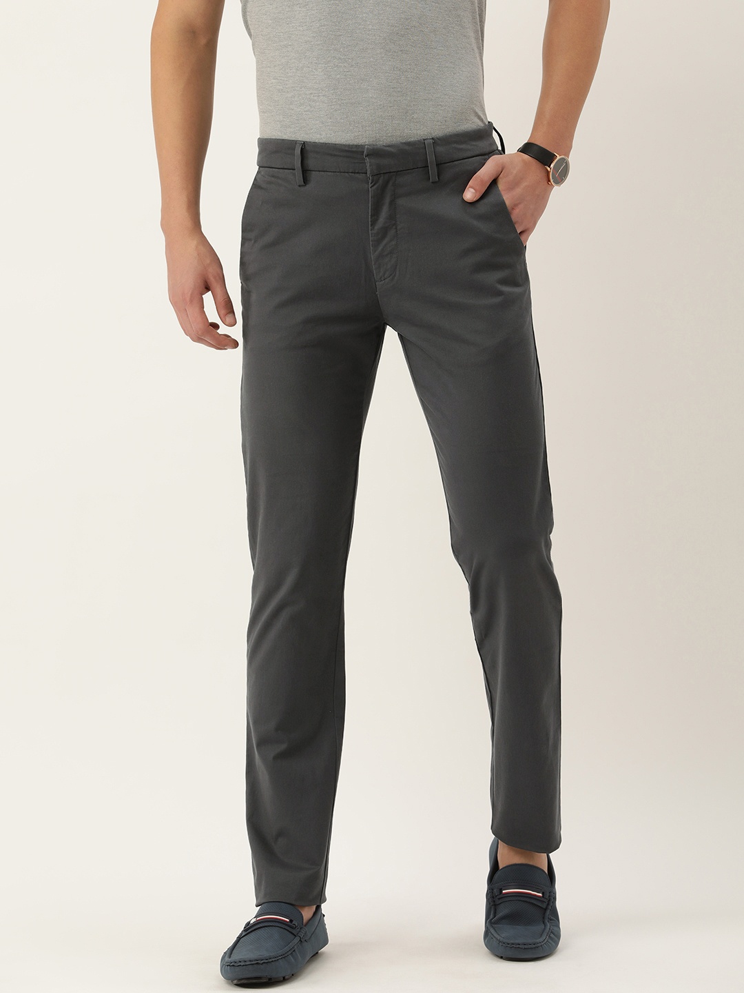 

Peter England Men Solid Slim Fit Trousers, Grey