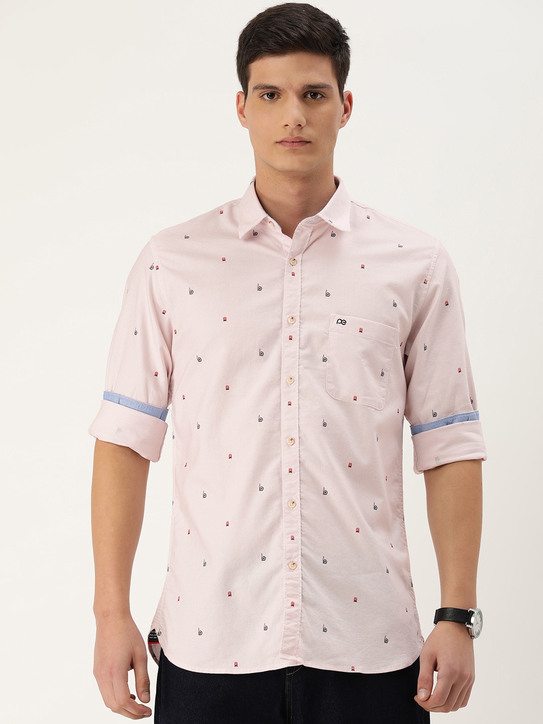 

Peter England Men Slim Fit Opaque Printed Cotton Casual Shirt, Pink