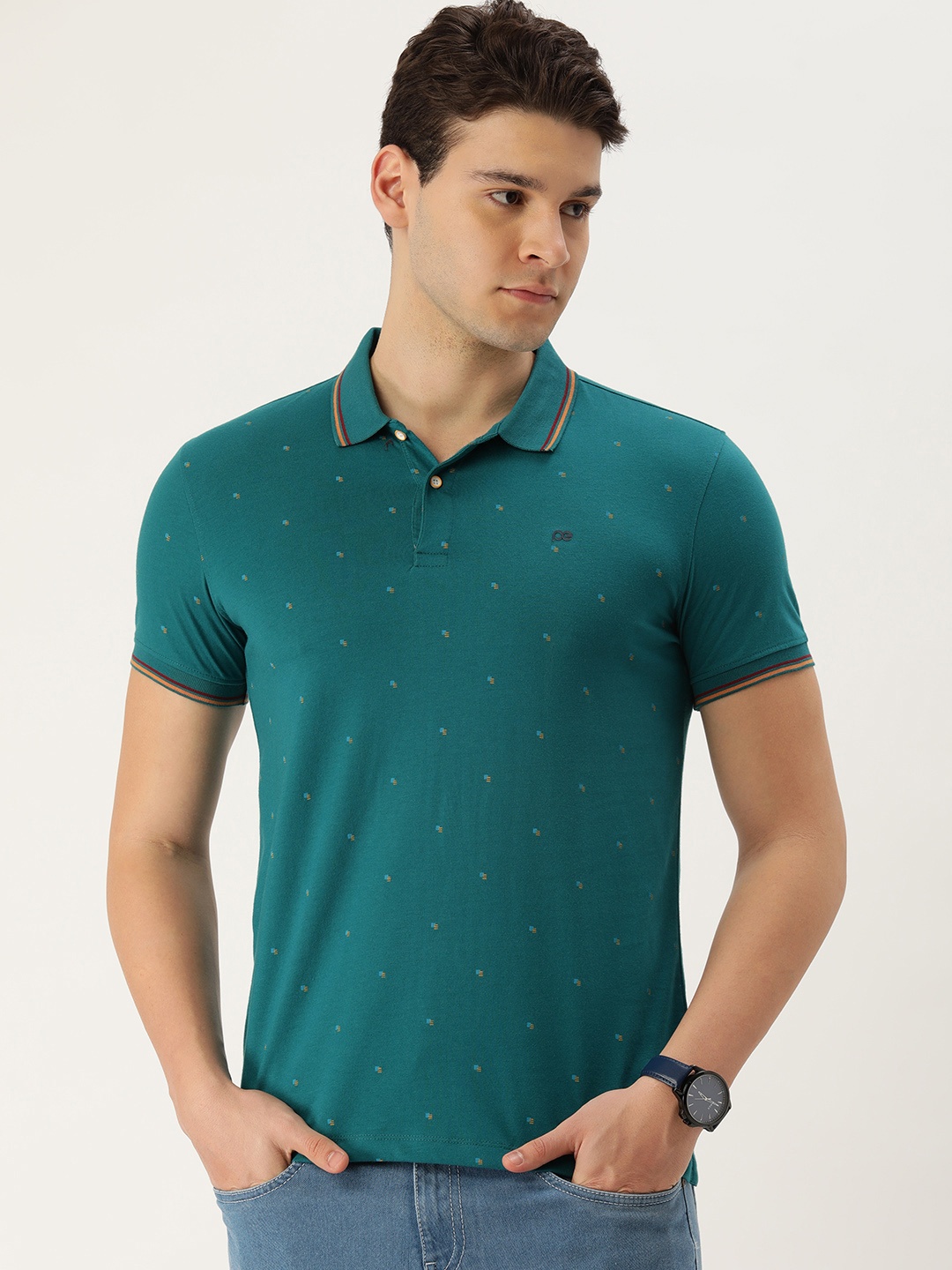 

Peter England Men Printed Polo Collar Slim Fit T-shirt, Teal
