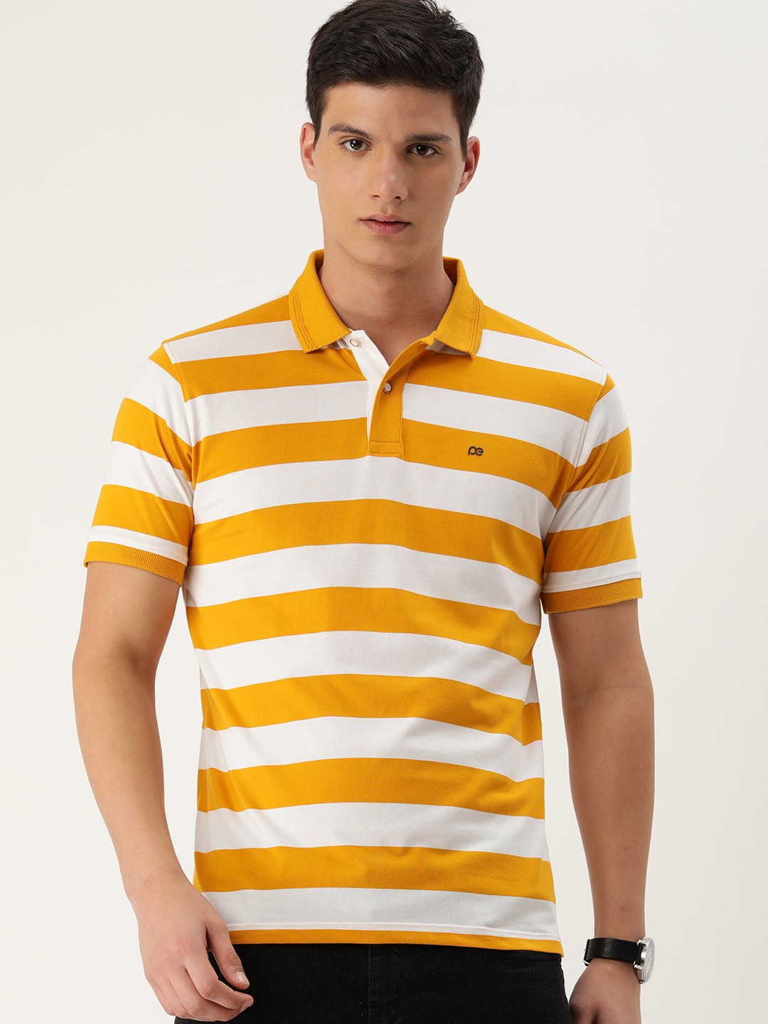 

Peter England Men Striped Polo Collar T-shirt, Yellow