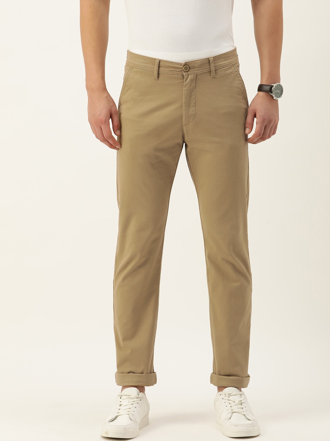 

Peter England Men Solid Slim Fit Chinos Trousers, Khaki