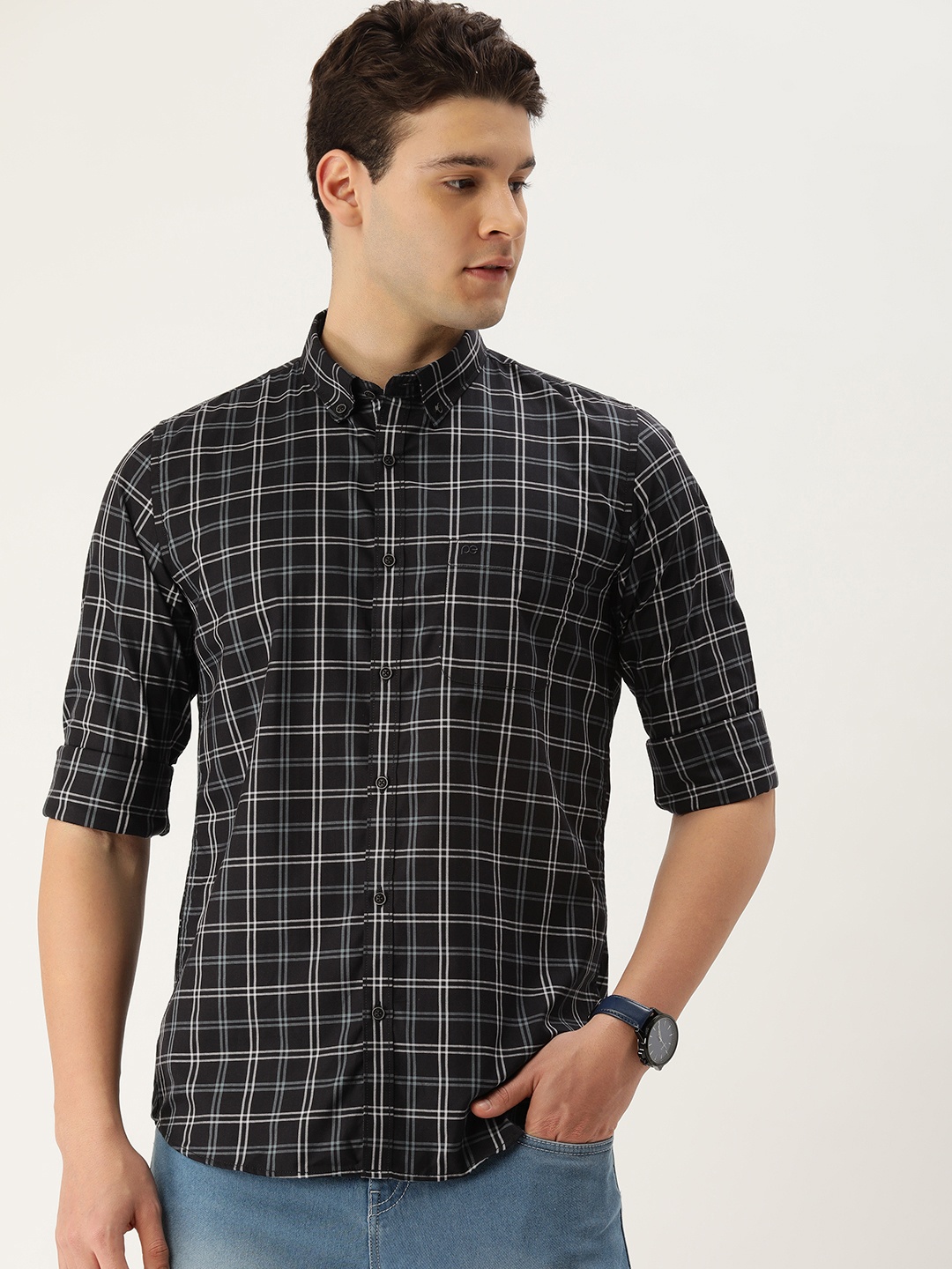 

Peter England Men Slim Fit Tartan Checked Cotton Casual Shirt, Black