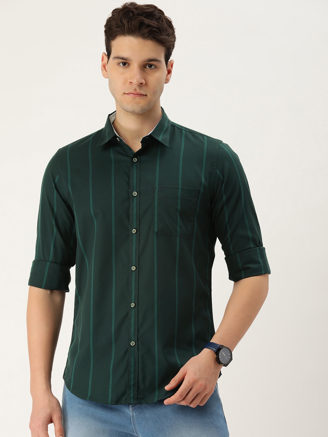 

Peter England Men Slim Fit Opaque Striped Cotton Casual Shirt, Green