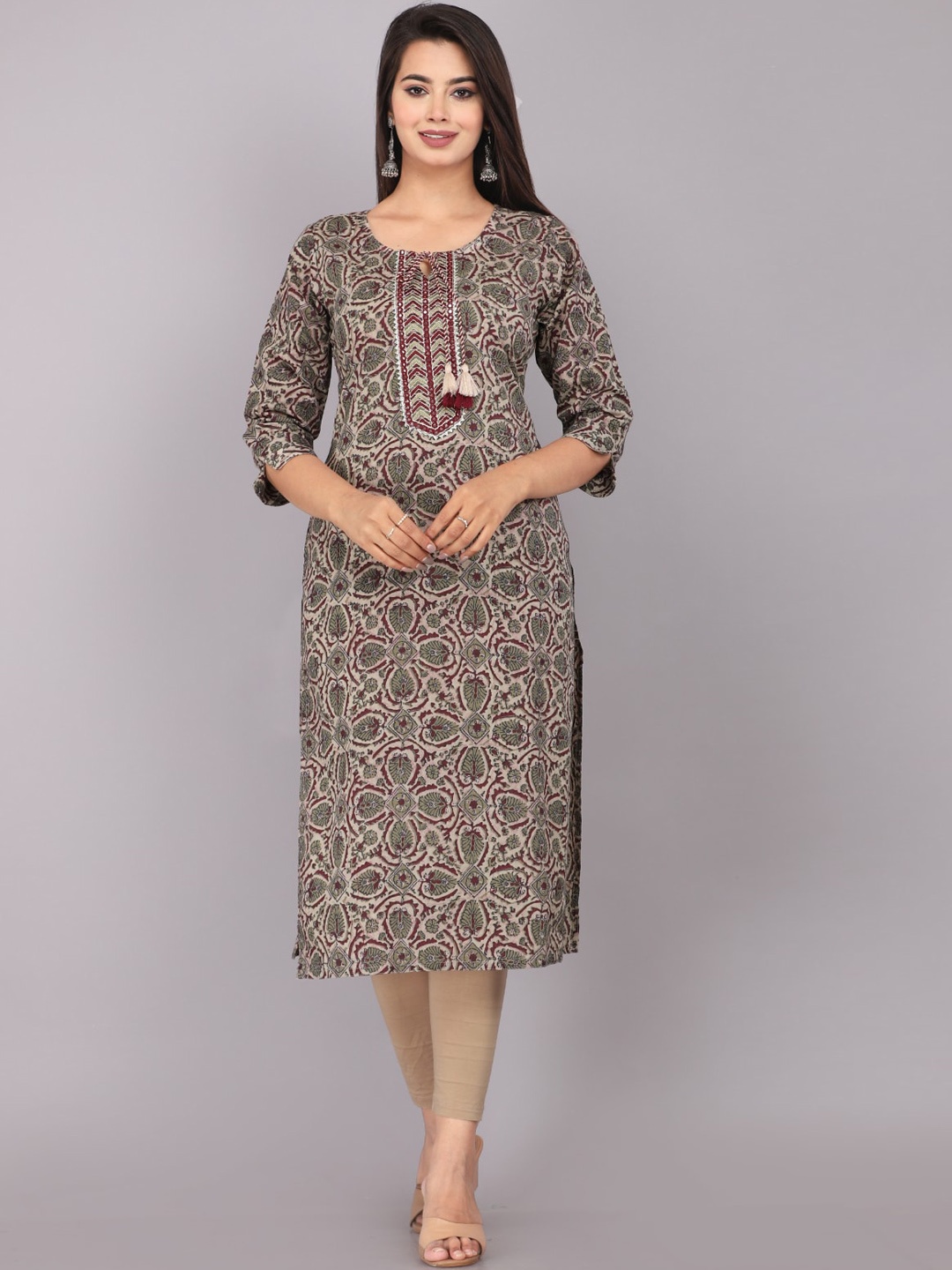 

KALINI Round Neck Flral Printed Gota Patti Cotton Straight Kurta, Beige