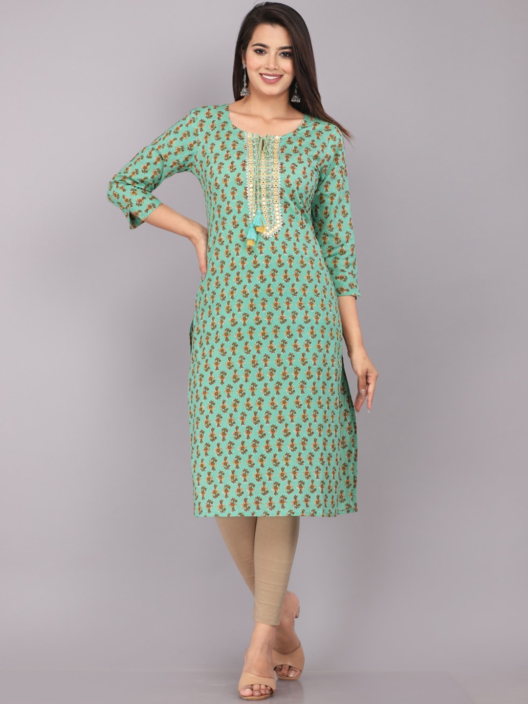 

KALINI Round Neck Flral Printed Gota Patti Cotton Straight Kurta, Green