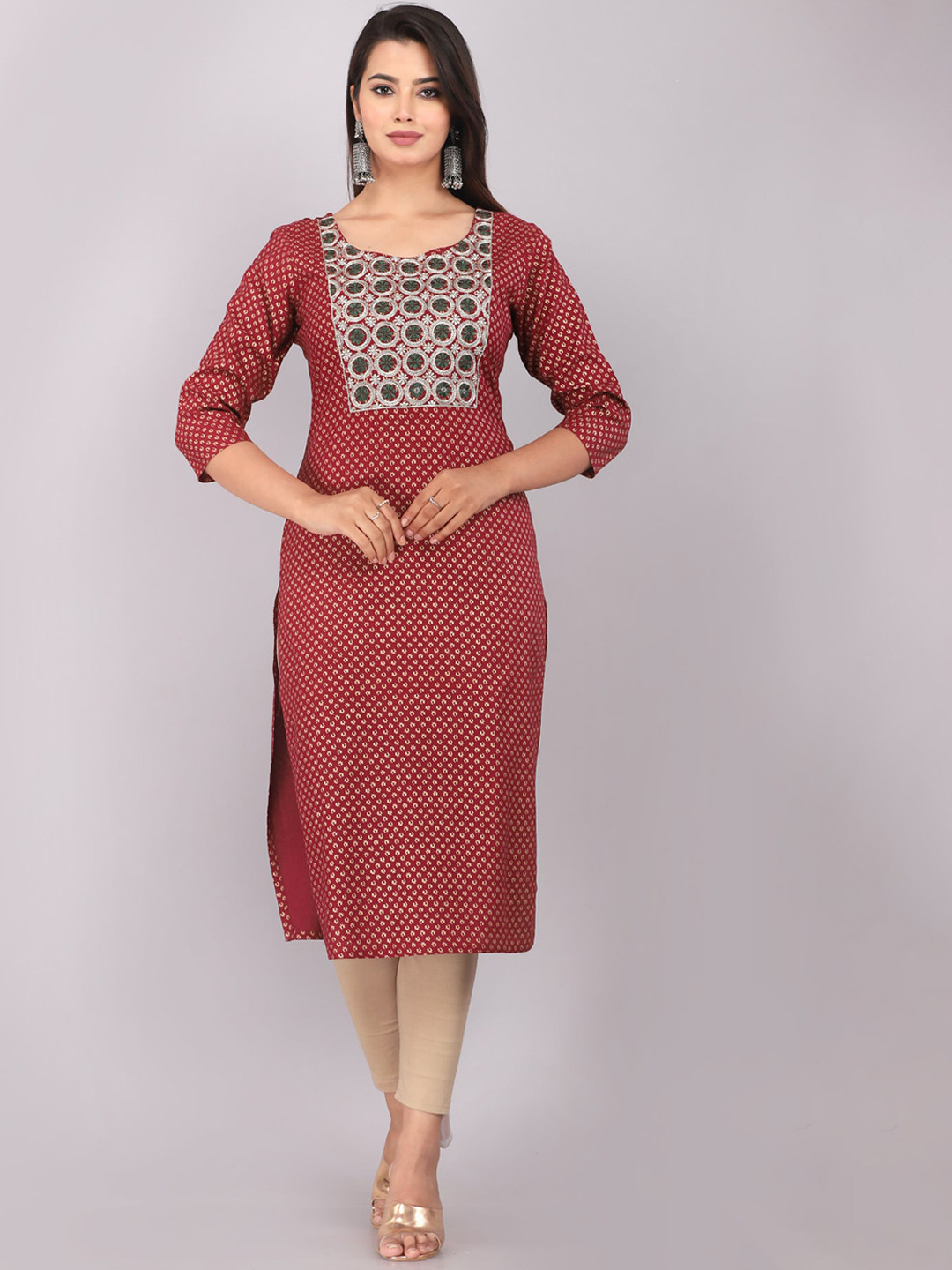 

KALINI Round Neck Ethnic Motif Printed Embroidered Yoke Design Zari Kurta, Maroon
