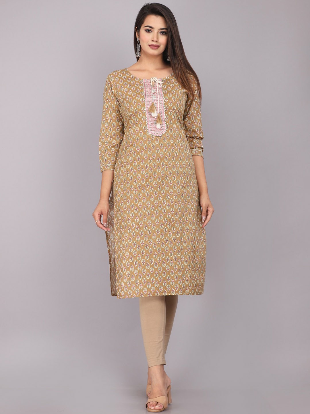 

KALINI Floral Printed Tie-Up Neck Thread Work And Gotta Patti Detail Straight Kurta, Beige