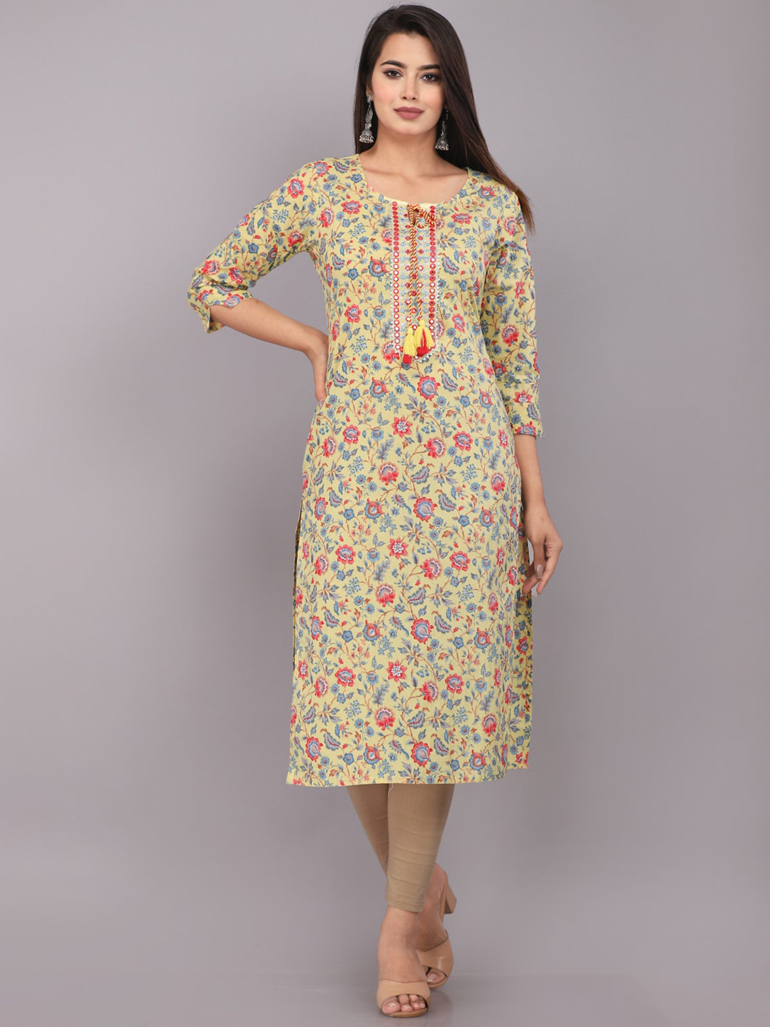 

KALINI Floral Printed Tie-Up Neck Gotta Patti And Mirror Work Straight Kurta, Mustard