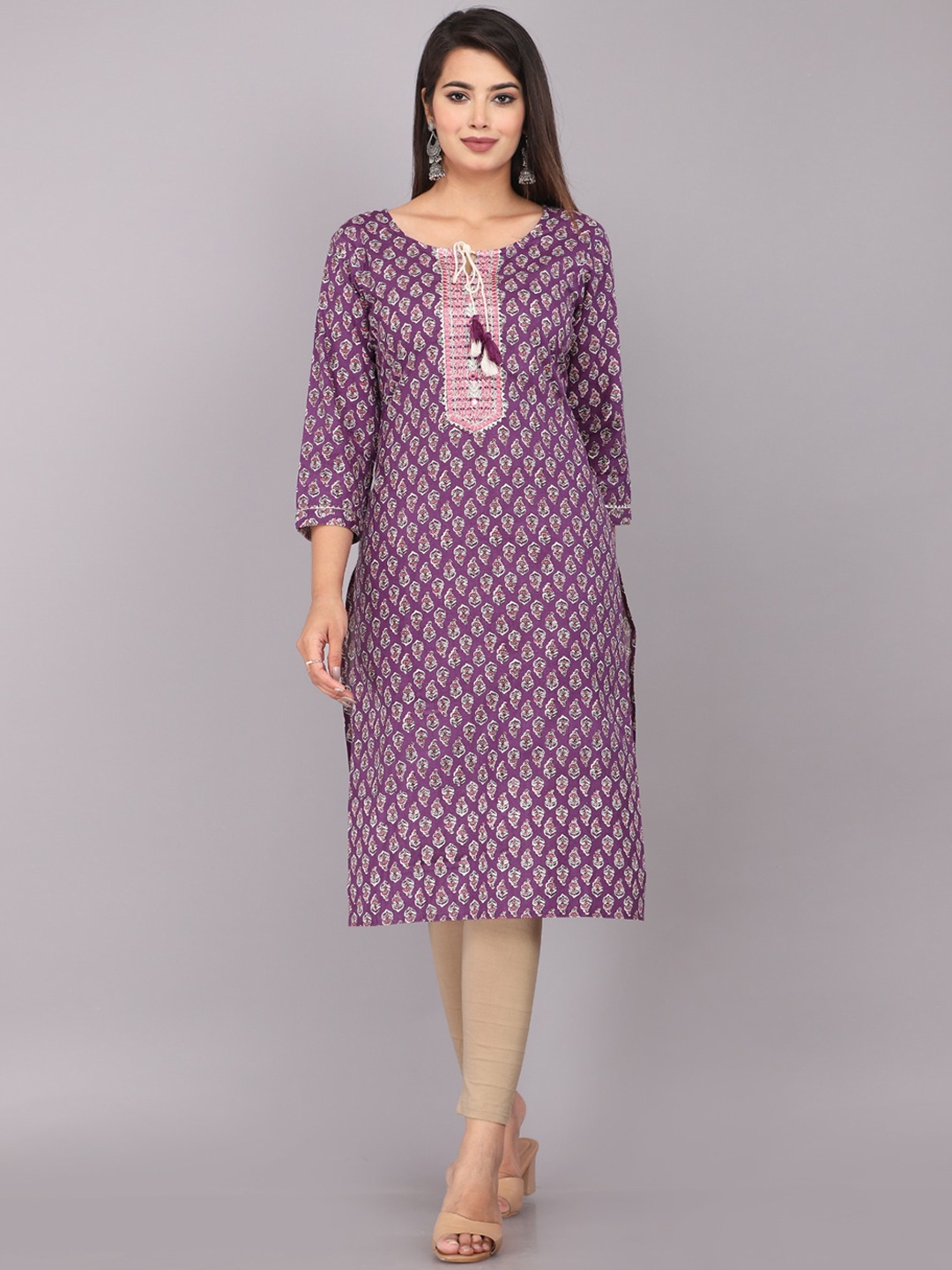 

KALINI Floral Printed Tie-Up Neck Gotta Patti And Thread Work Straight Kurta, Purple