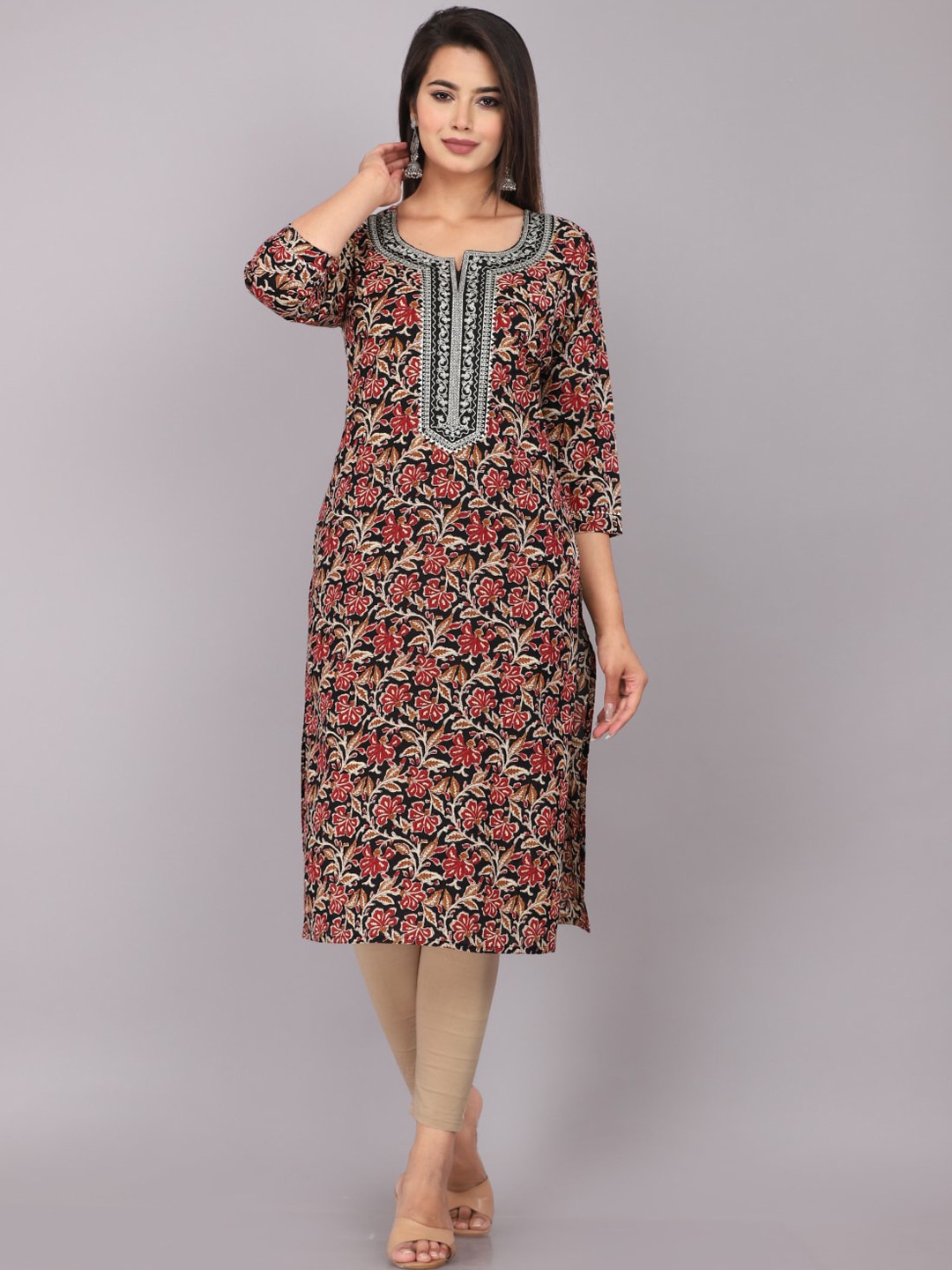 

KALINI Floral Printed Notched Neck Thread Work Straight Kurta, Black