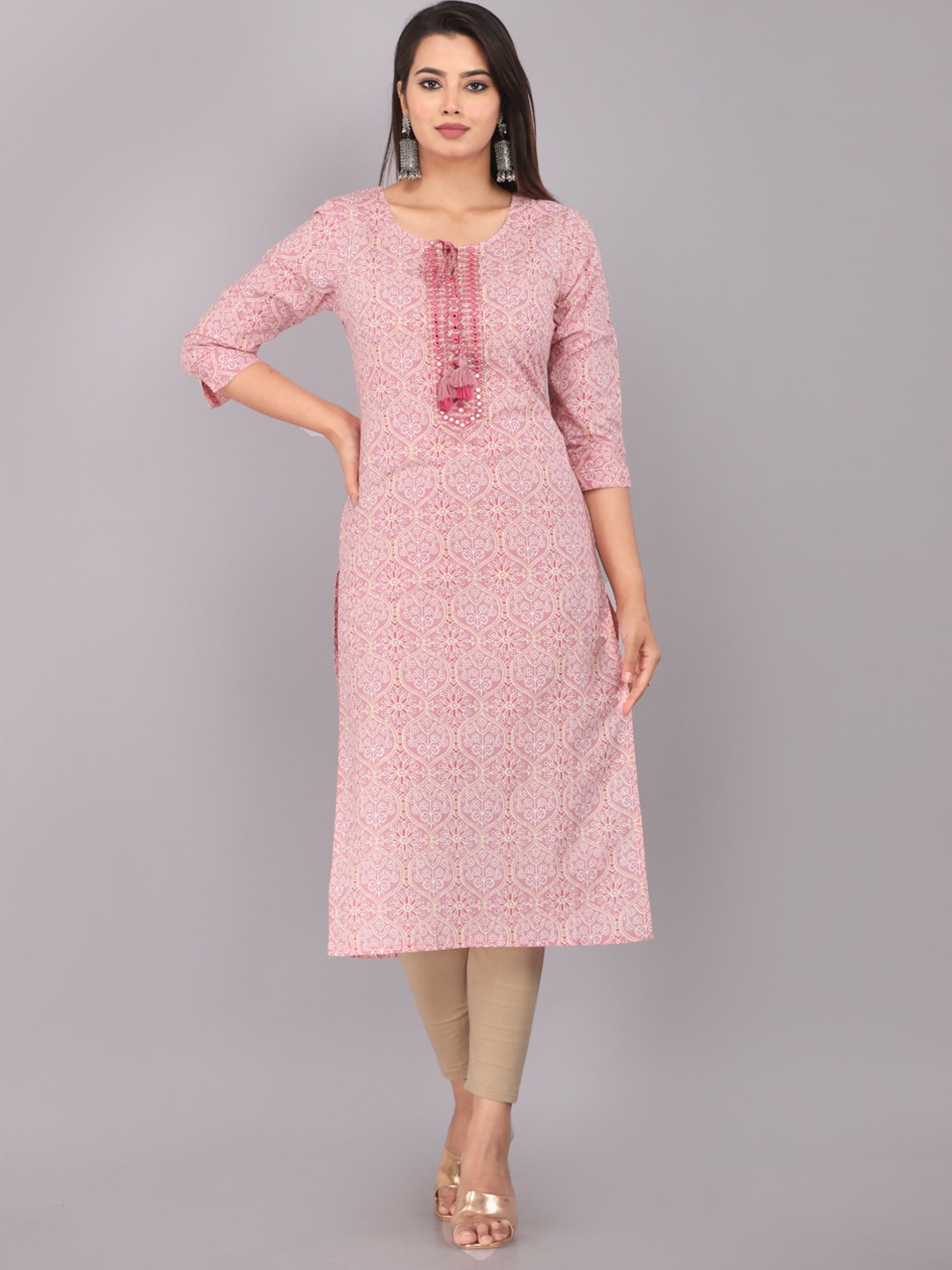 

KALINI Ethnic Motifs Printed Tie-Up neck Thread Work Straight Kurta, Pink