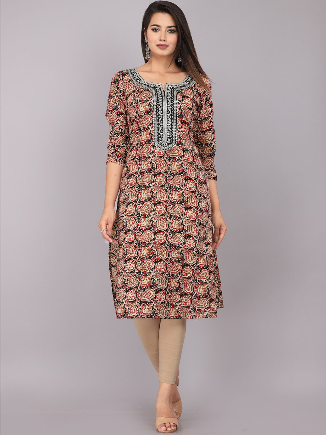 

KALINI Floral Printed Notched Neck Thread Work Straight Kurta, Maroon