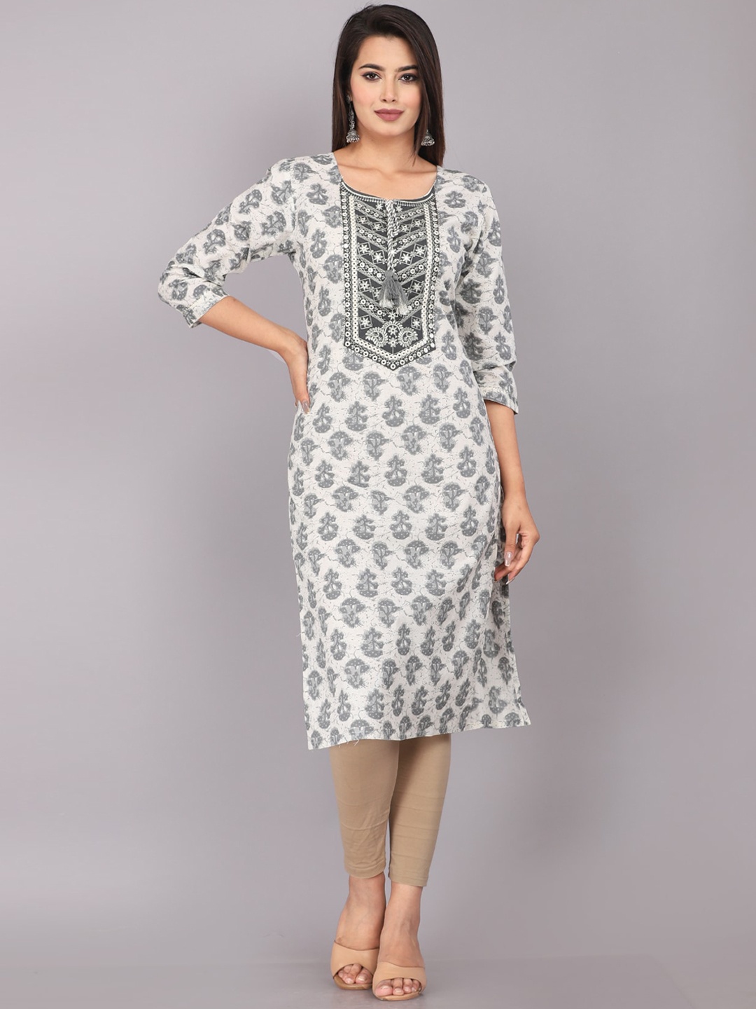 

KALINI Floral Printed Notched Neck Thread Work Straight Kurta, Grey