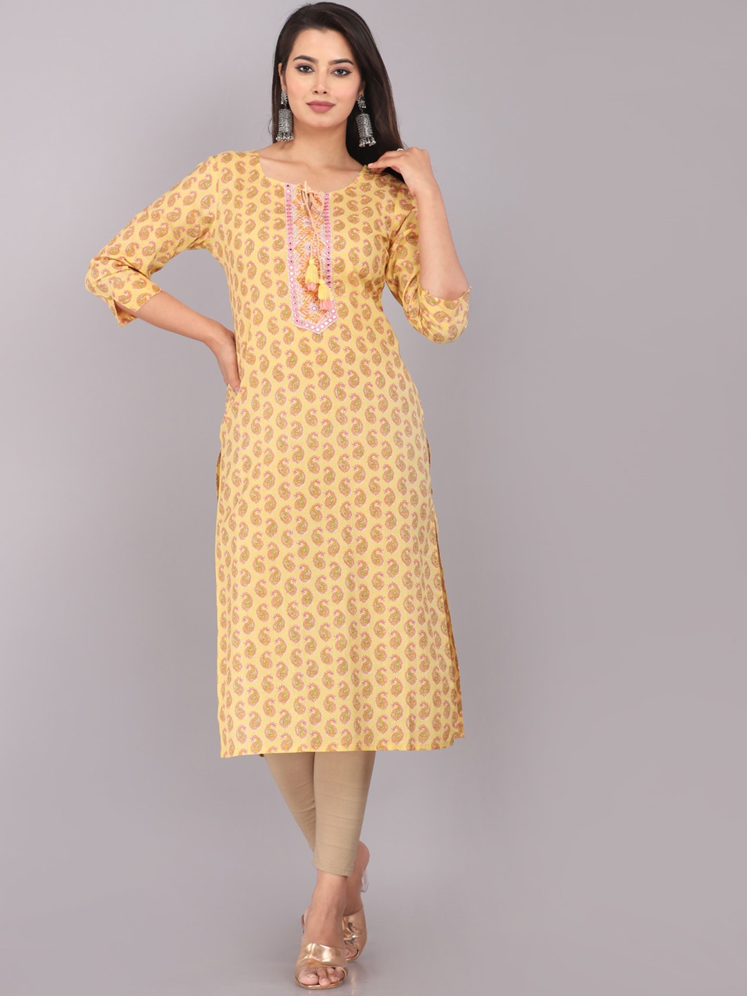 

KALINI Paisley Printed Tie-Up Neck Thread Work Straight Kurta, Yellow